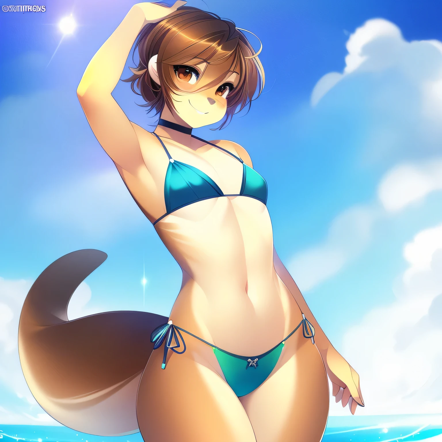 (masterpiece, ultra high res, high quality, volumetric lighting), (mikhaila kirov), (posted on e621, by tsampikos, by doxy), cute, otter, athletic, huge hips, large thighs, ((flat chested, flat)), bikini, smiling, posing for camera