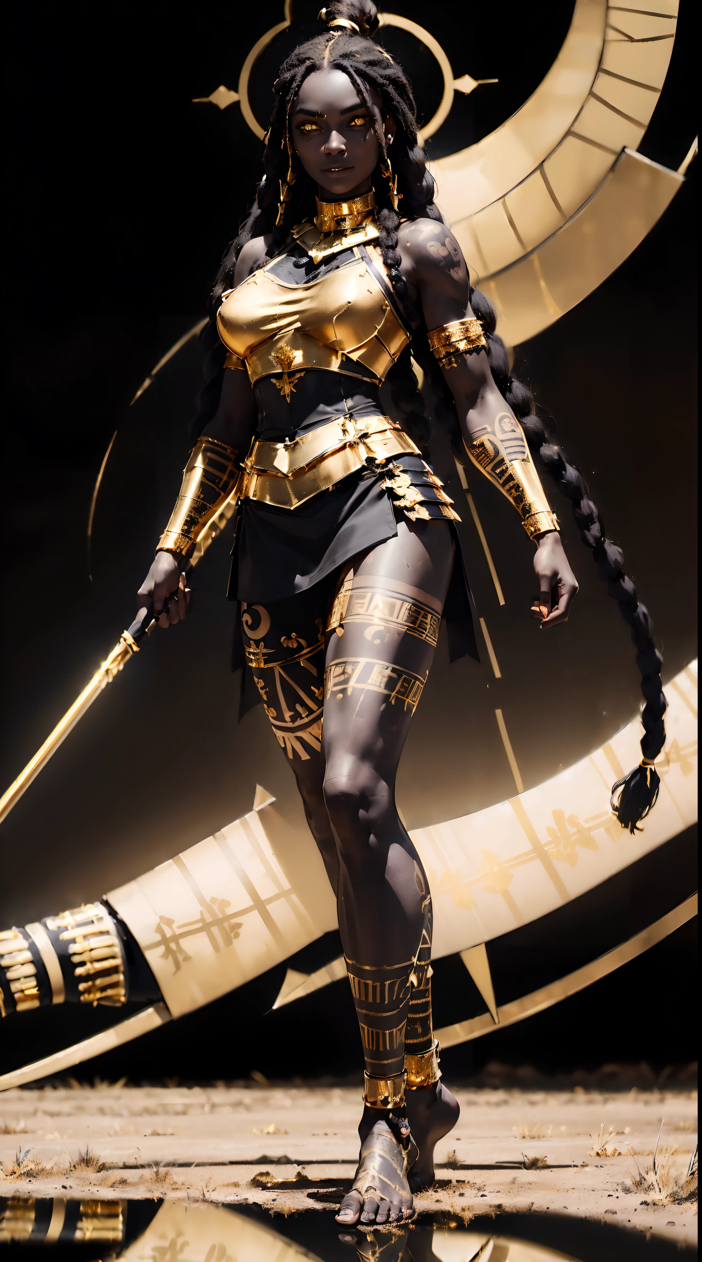 A full body ebony woman, ((standing holding a spear)), (olhar de felicidade:1.4), (vestindo roupa de batalha preta e dourada:1.8), (penteado dreadlock longo:1.3), (olhos reflexivos:1.6), (tatuagem tribal:1.5), fundo hiper nascer do sol, luz do sol, hiper detalhado, hiper-realista, olhe para o espectador, 4k, ampla profundidade de campo, mapeamento radiante, high-range dynamics, obra de arte,