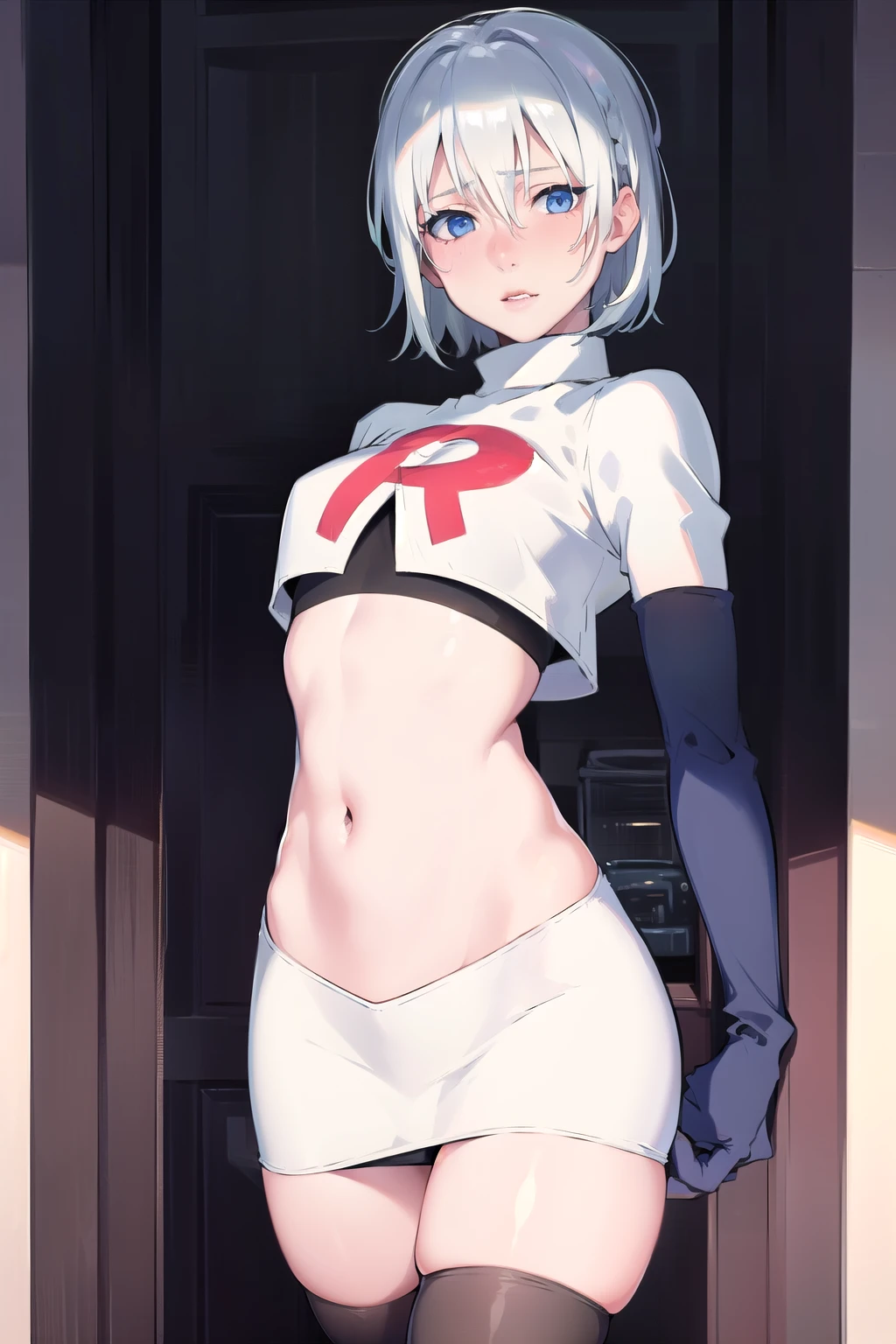 (4k, best quality, masterpiece:1.2), (realistic, photo-realistic:1.37), ultra-detailed, 1 girl, cute, solo,  (nose blush),small breasts, beautiful detailed eyes,(short hair:1.5), floating hair NovaFrogStyle, silver hair, blue eyes, natural lips, slim body,team rocket,team rocket uniform,white skirt,red letter R,crop top,black thigh-highs,black elbow gloves