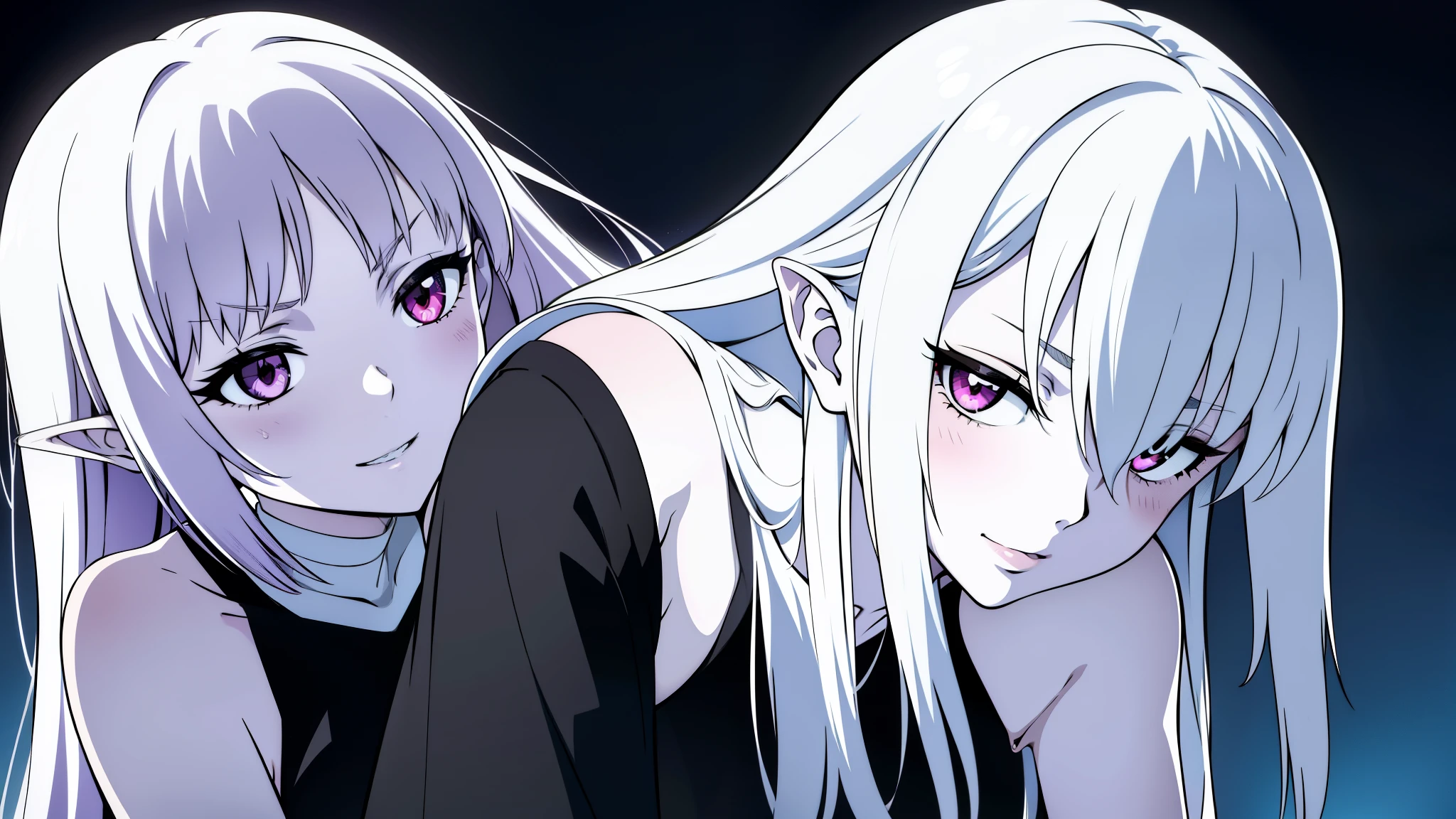 ((1 girl,20 years old,mature female)),long hair,solo,white hair,long hair,(((white skin,pale skin,colored skin))),(((hair over one eye))),((naked bandage,white pleated mini skirt)),pink eye,elf ear,(sensual expression,blush,smile,sexy)),bare belly,(night sky,night,full moon),sensual pose,portrait