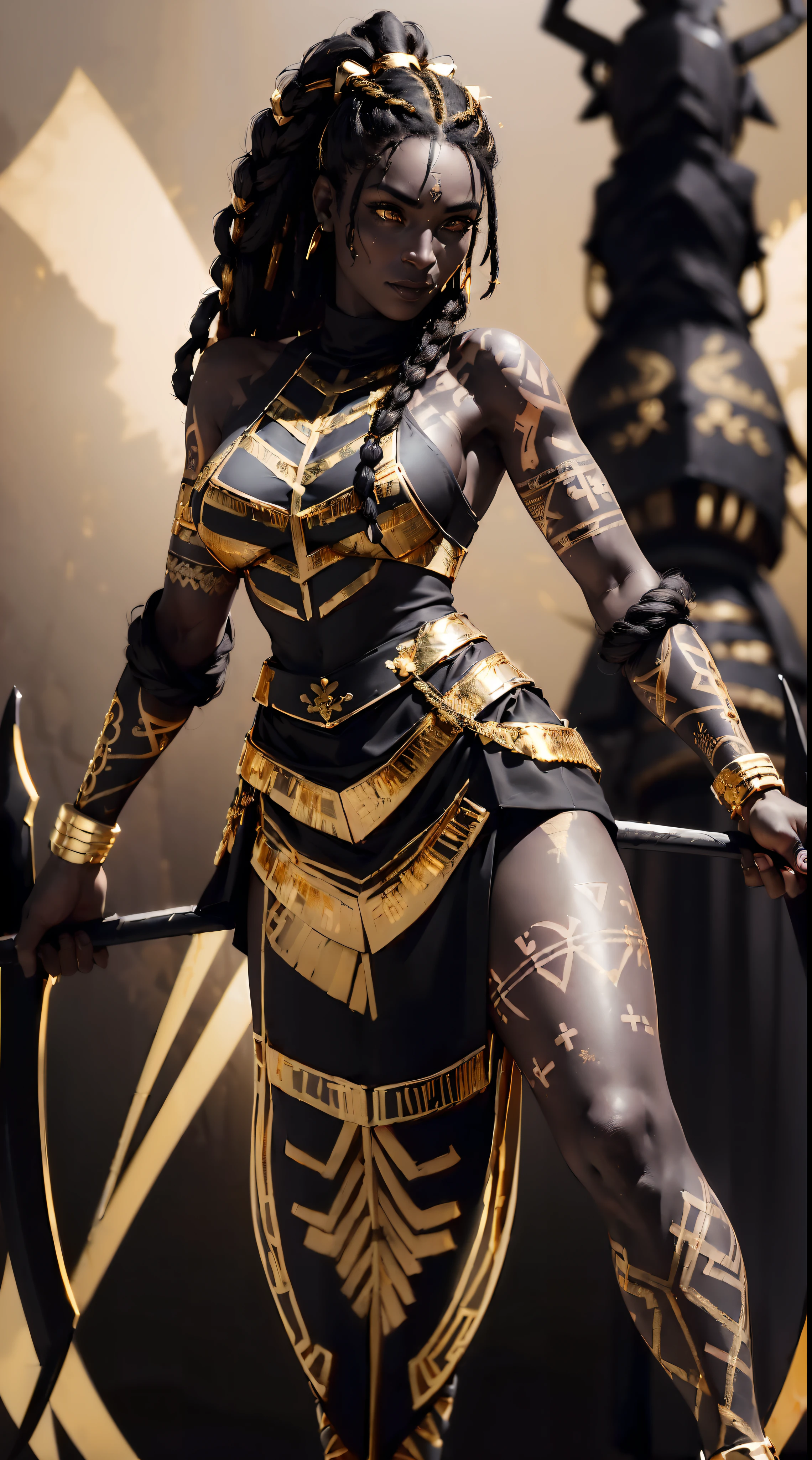 A full body ebony woman standing, ((Holding a spear resting on the ground)), (olhar de felicidade:1.4), (vestindo roupa de batalha preta e dourada:1.8), (penteado dreadlock longo:1.3), (olhos reflexivos:1.2), (tatuagem tribal:1.5), fundo do nascer do sol, luz do sol, hiper detalhado, hiper-realista, olhe para o espectador, 4k, ampla profundidade de campo, mapeamento radiante, high-range dynamics, obra de arte,