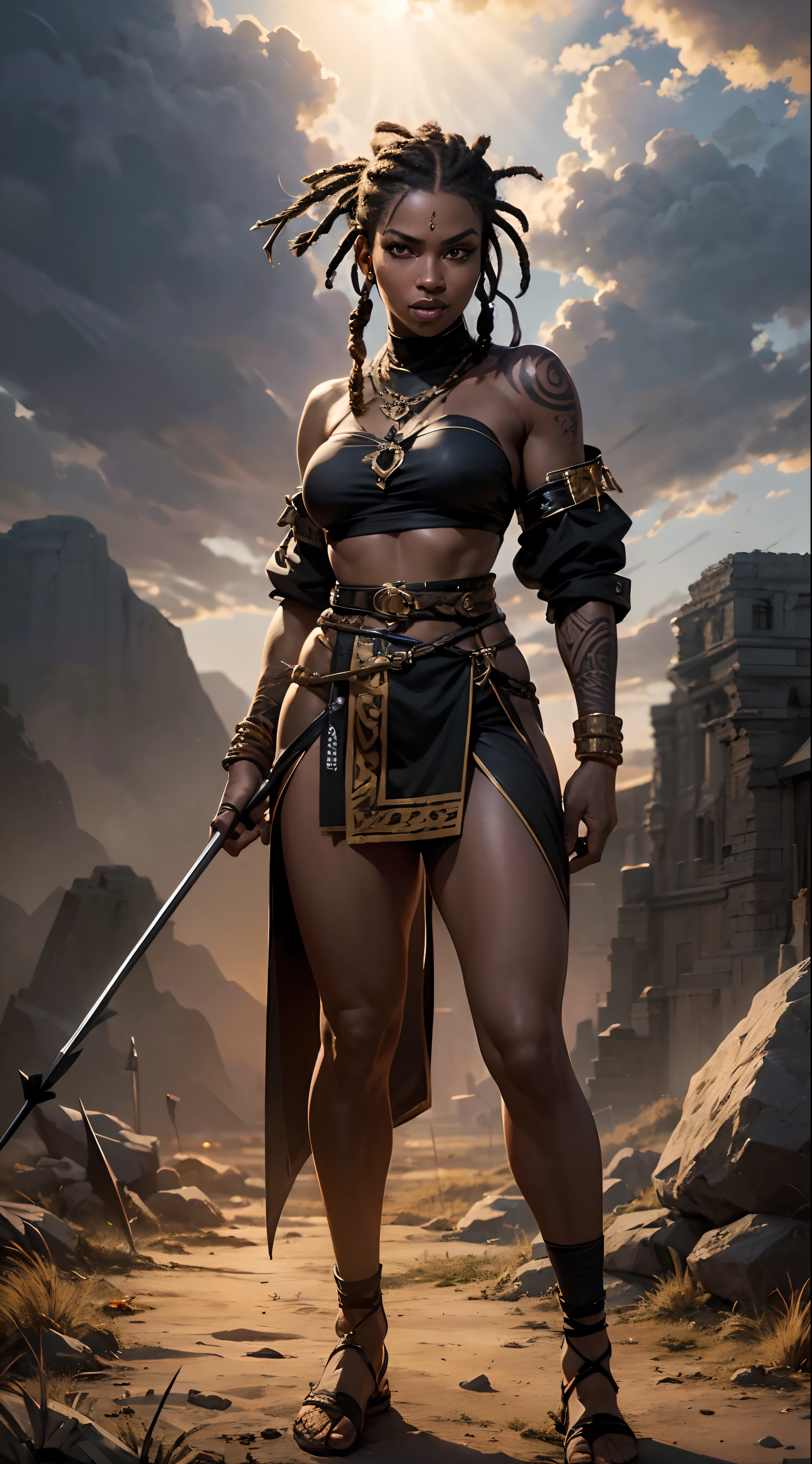 A full body ebony woman, ((Standing:2)), (Holding a spear:1.7), (olhar de felicidade:0.8), (vestindo roupa de batalha:1.1), (penteado dreadlock elaborado:1.5), (dentes felinos:0.9), (tatuagem tribal:1.1), fundo do nascer do sol, luz do sol, hiper detalhado, hiper-realista, olhe para o espectador, 4k, ampla profundidade de campo, mapeamento radiante, high-range dynamics, obra de arte,