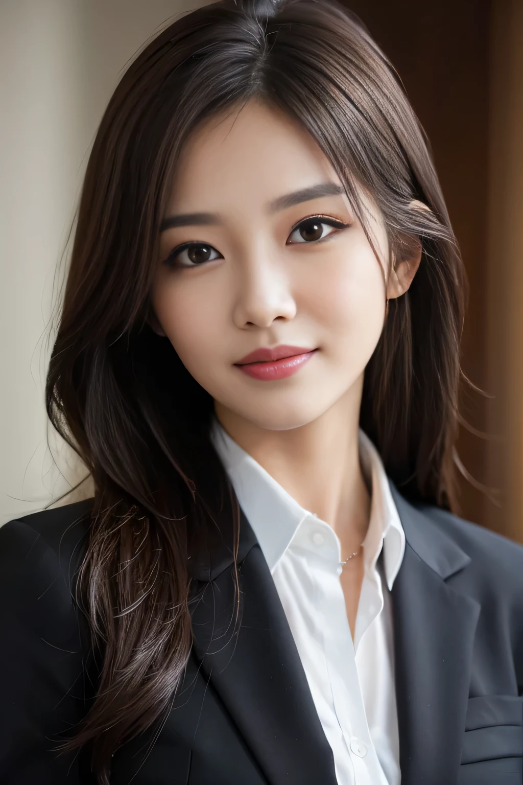 masterpiece, highest quality, realistic, Super detailed, attention to detail, High resolution, 8k wallpaper, one beautiful woman,, light brown messy hair, wearing a business suit, sharp focus, perfect dynamic composition, beautiful and detailed eyes, thin hair, Detailed realistic skin texture, smile, close-up portrait, model body shape