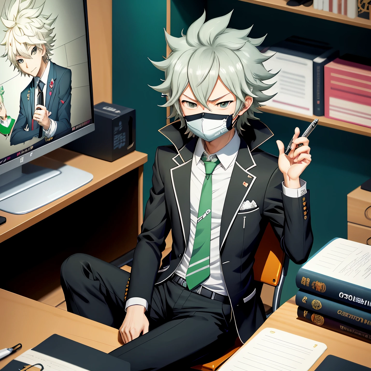 Cartoon character wearing mask sitting at desk，holding notebook, best anime 4k konachan wallpapers, 4k comic wallpaper, Illustrations by Soejima Shigenori, Komaeda Nagito, Digital anime illustration, young anime man, Kaoru Nagisa, Male anime style, sitting at his desk, Komaeda Nagito from danganronpa