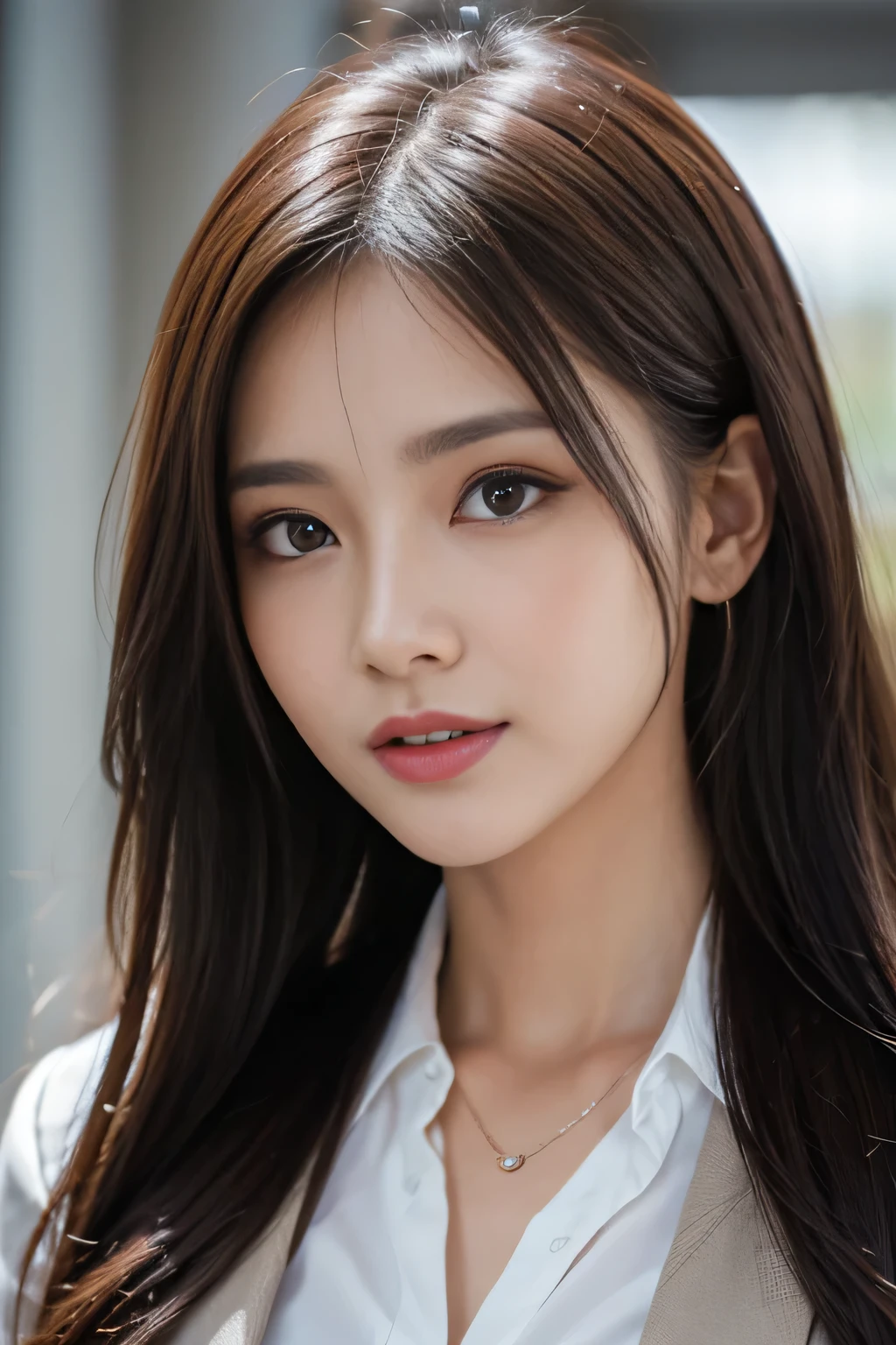 masterpiece, highest quality, realistic, Super detailed, attention to detail, High resolution, 8k wallpaper, one beautiful woman,, light brown messy hair, wearing a business suit, sharp focus, perfect dynamic composition, beautiful and detailed eyes, thin hair, Detailed realistic skin texture, smile, close-up portrait, model body shape