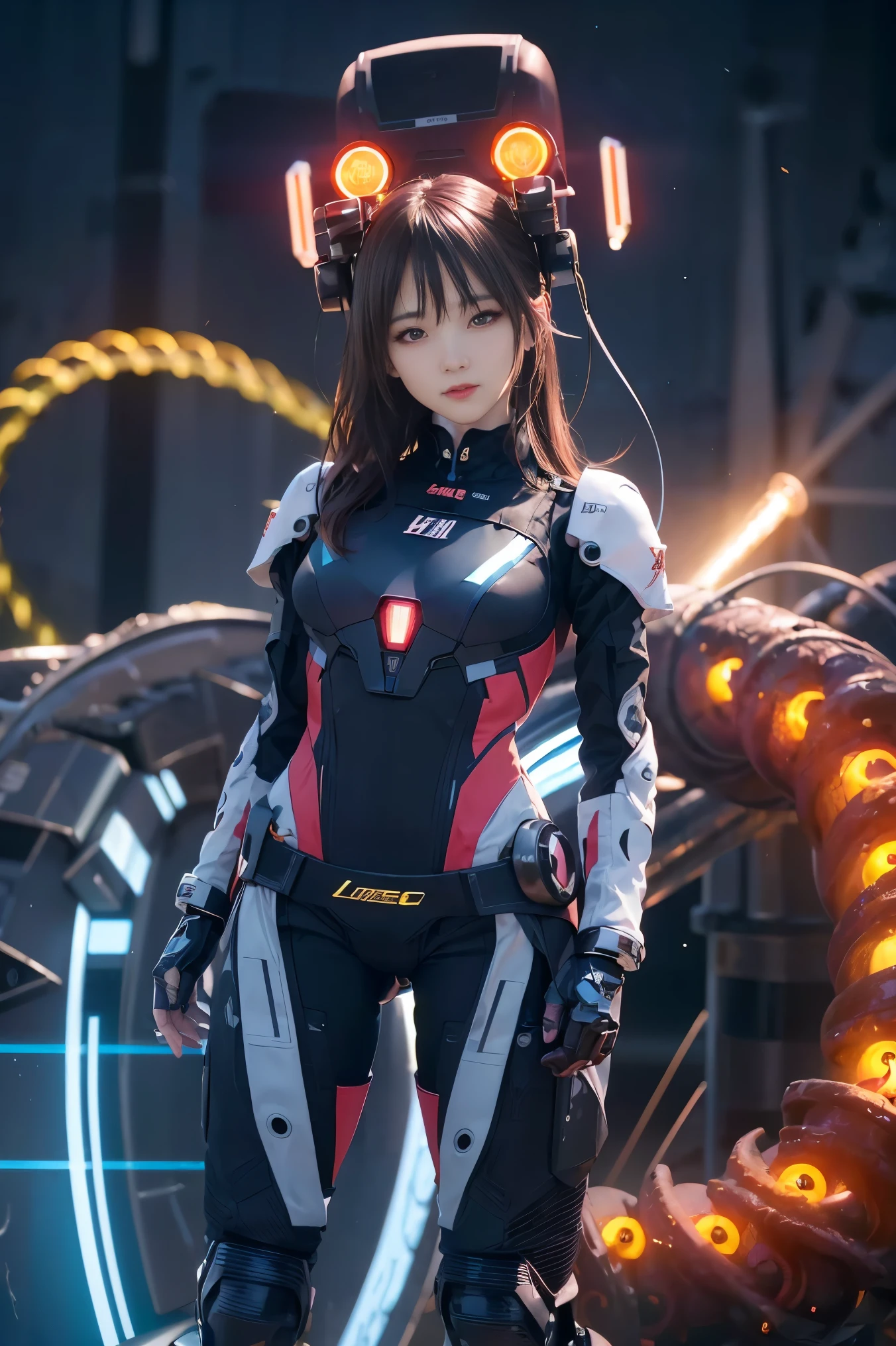 Asuka-Evangelion realista e intrincado rosto de beleza perfeita, detalhado & Glowing eyes of a perfect asymmetric clear galaxy, detalhado face, (((from face to waist))), (((forma de beleza))), ((in realistic sci-fi plugsuit with neon lighting, metal mechanical parts and robotic tentacles with neon illuminated light part, 4k, Ultra HD, fighting a realistic and complex mecha dragon