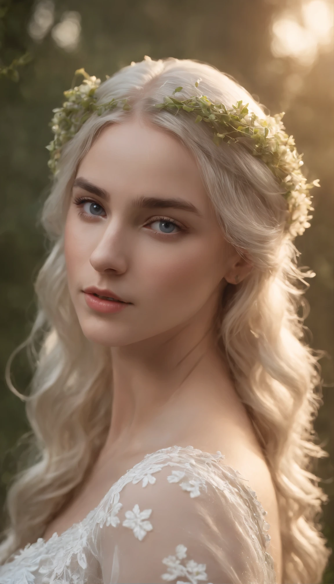((IN THE starry night behind a back drop of tiny fire flies)) Is a is a teenage girl hanging onto long Vine with dead leaves. The girl has blue eyes and long curly soft white hair,wearing a white lacy dress with sparking round diamond droplet sewn on to her white lacy embroidred dress, in her hair is sparking hair combs. Artist Mary Jurgens, Starsnits90, Theo James, Square Enix Images, Ubisoft Images, Full color, Volumetric lightning, HDR, Realistic, Unreal Engine, 16K, Sharp focus, Octane render