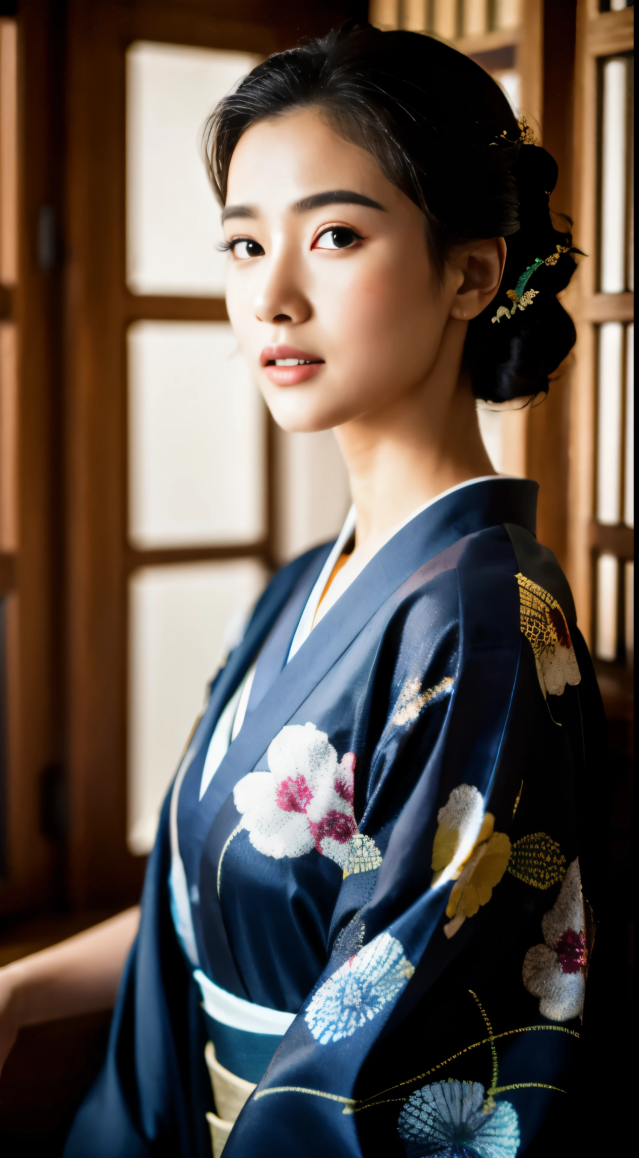 kimono, obi, (8k, RAW photo, best quality, masterpiece: 1.2), (realistic: 1.6), (masterpiece), (best quality: 1.0), (ultra hi-res: 1.0), detail, 40s, one, detail beautiful skin, detail room, ,realistic skin