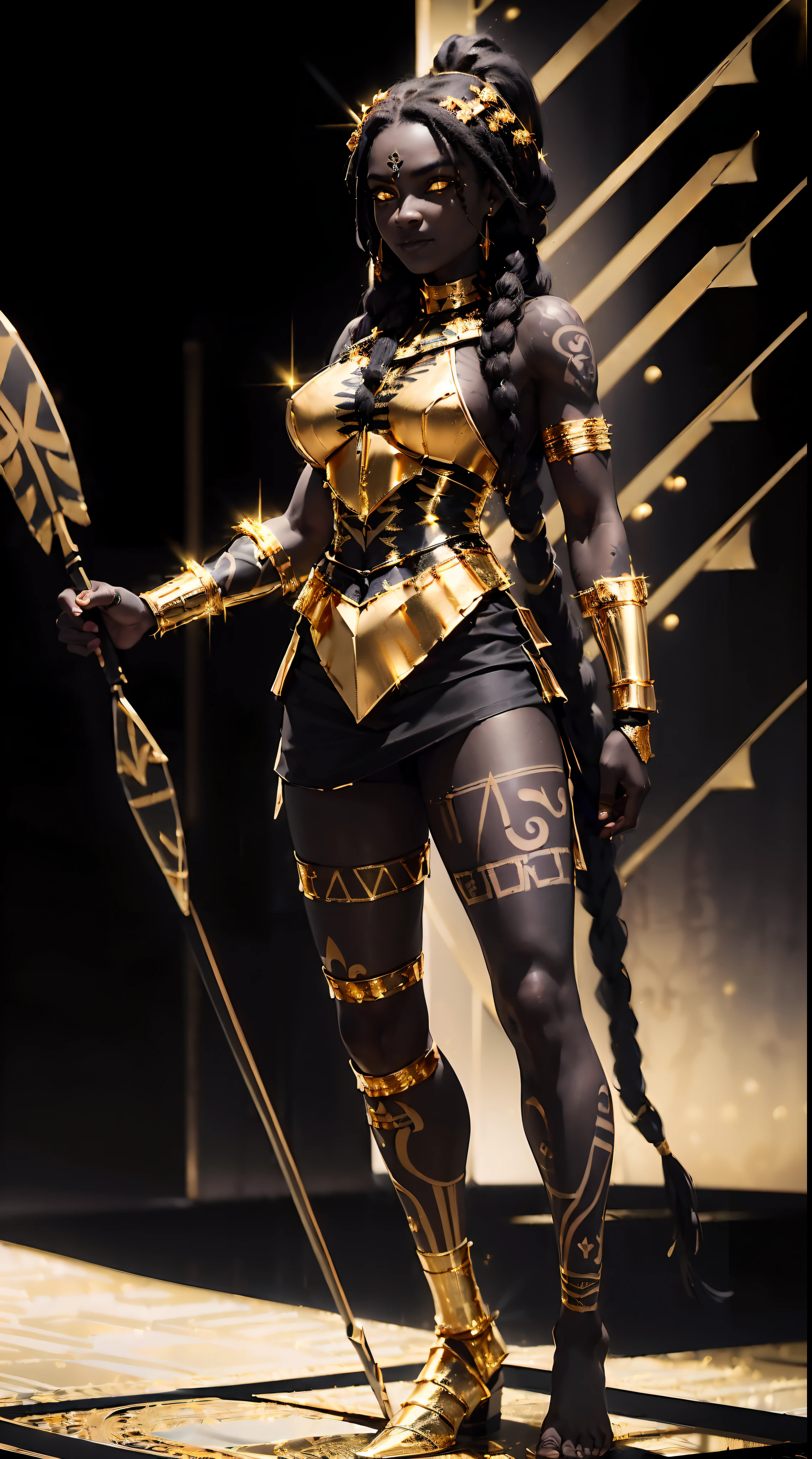 A full body ebony woman, ((standing holding a spear)), (olhar de felicidade:1.4), (vestindo roupa de batalha preta e dourada:1.8), (penteado dreadlock longo:1.3), (olhos reflexivos:1.6), (tatuagem tribal:1.5), fundo hiper nascer do sol, luz do sol, hiper detalhado, hiper-realista, olhe para o espectador, 4k, ampla profundidade de campo, mapeamento radiante, high-range dynamics, obra de arte,