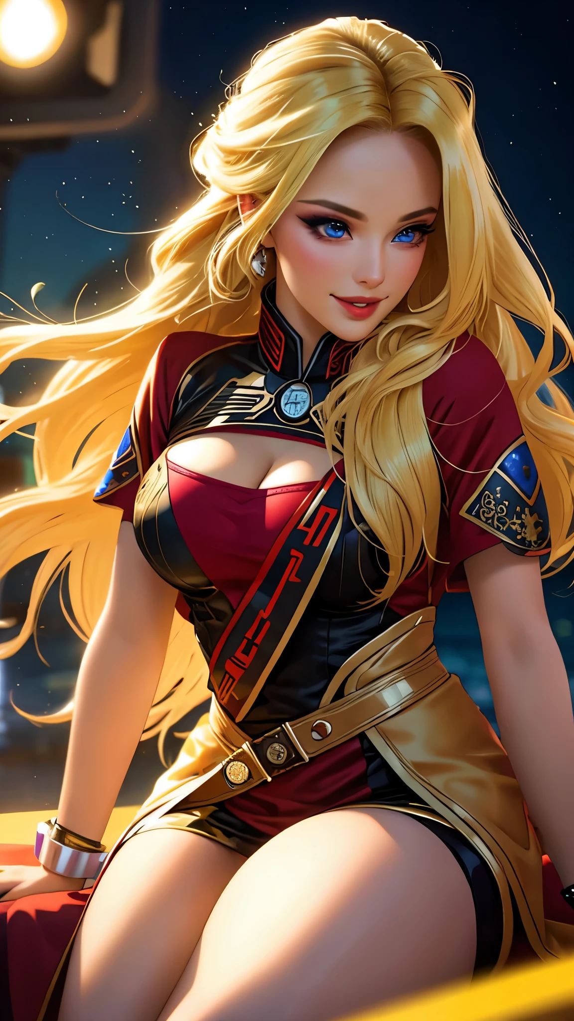 (best quality,ultra-detailed,photo-realistic:1.37),bright and vibrant colors,studio lighting,playful expression,stylish makeup,long blonde hair flowing in the wind,alluring eyes,glossy lips,sexy pose, Sith, Star Wars, smiling in a confident and seductive way,posing for a professional photoshoot,shallow depth of field,highlighting the main subject,soft natural lighting,creating a dreamy and magical atmosphere.