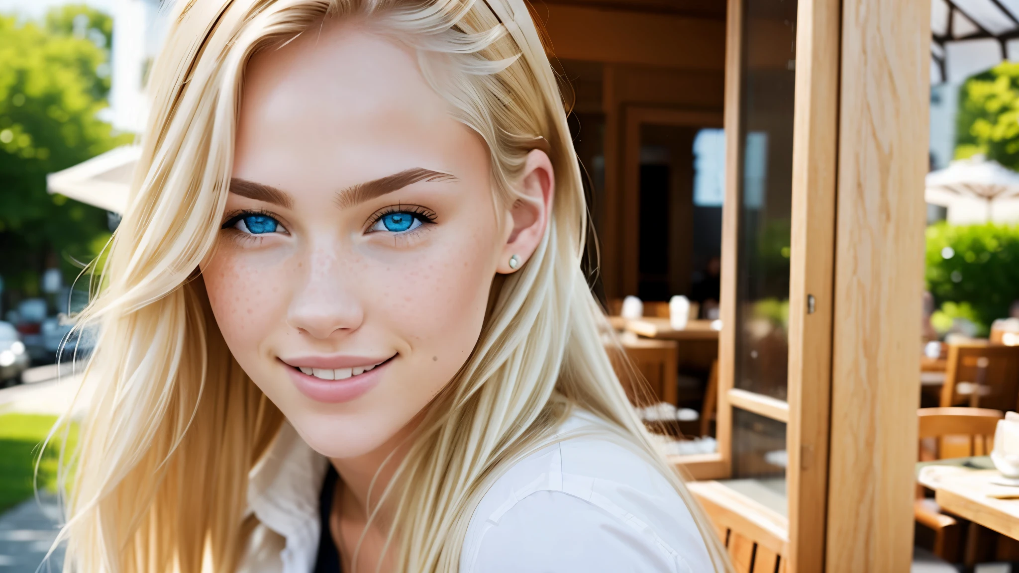 eating at a classy upscale restaurant, full body shot, eating at a classy upscale restaurant, full body shot, ((best quality)), ((masterpiece)), (detailed), perfect face blond woman with freckled hair and blue eyes smiling, light freckles, more freckles