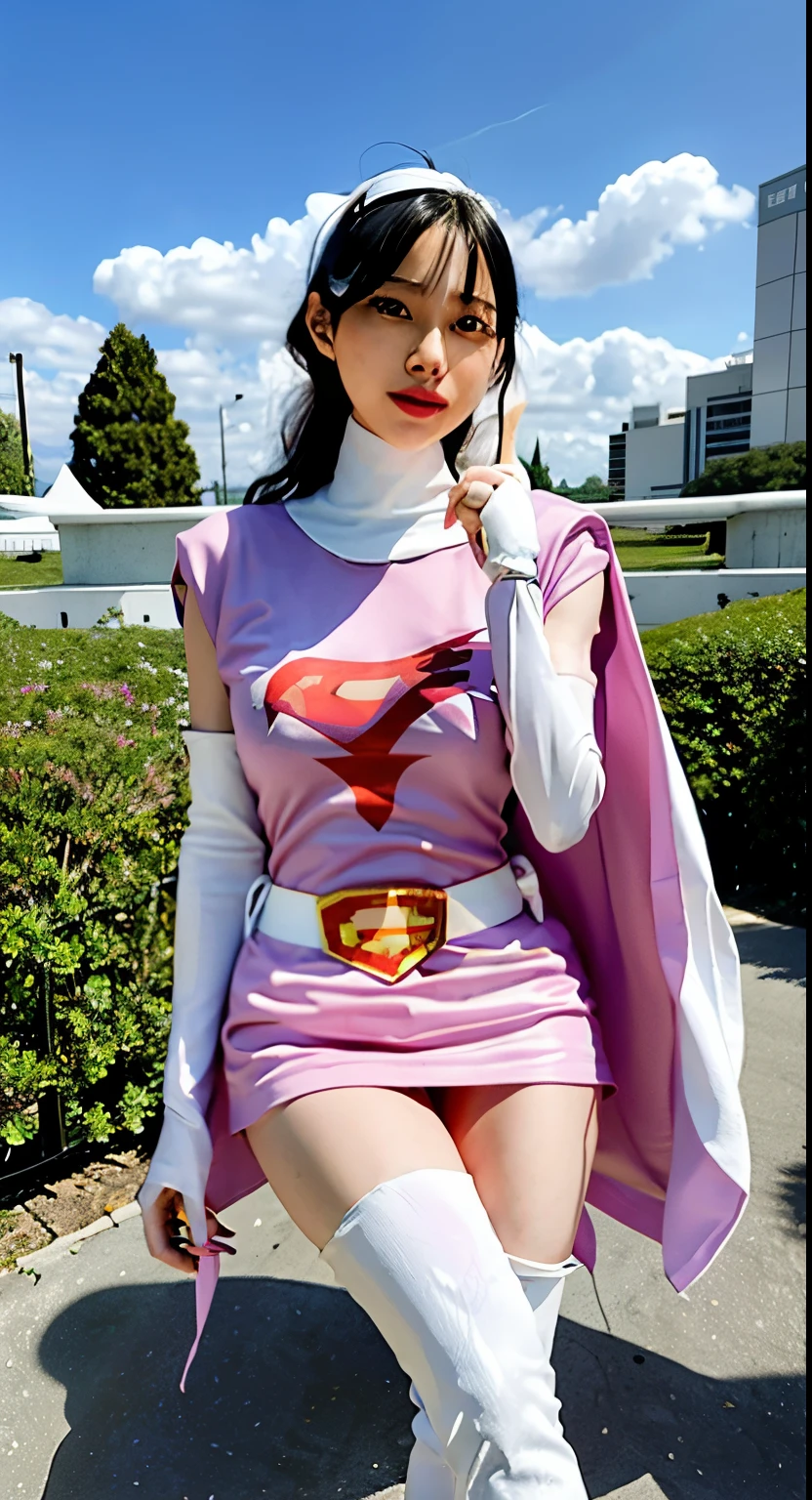 Highest image quality、real image、super detailed photo、18-year-old美少女、ポニーテールbeautiful woman、beautiful sister、A woman wearing a pink dress and cloak is squatting in front of a building,spread legs、showwhitepanties,whitepanties,white panties、beautiful woman、Jun、beautiful sister、beautiful sister、 18-year-oldの女の子,白鳥のJun、knee high boots science ninja、white panties、beautiful woman、 As a retro-futuristic heroine, 18-year-old、As a retro-futuristic heroine, beautiful thighs、sheila, she - ra, anime female hero portrait, Portrait of a modern dharna, anime visual of super girl, super girl, official art, Dinah Drake, hironaka, Blowjob White Mecha Miniskirt