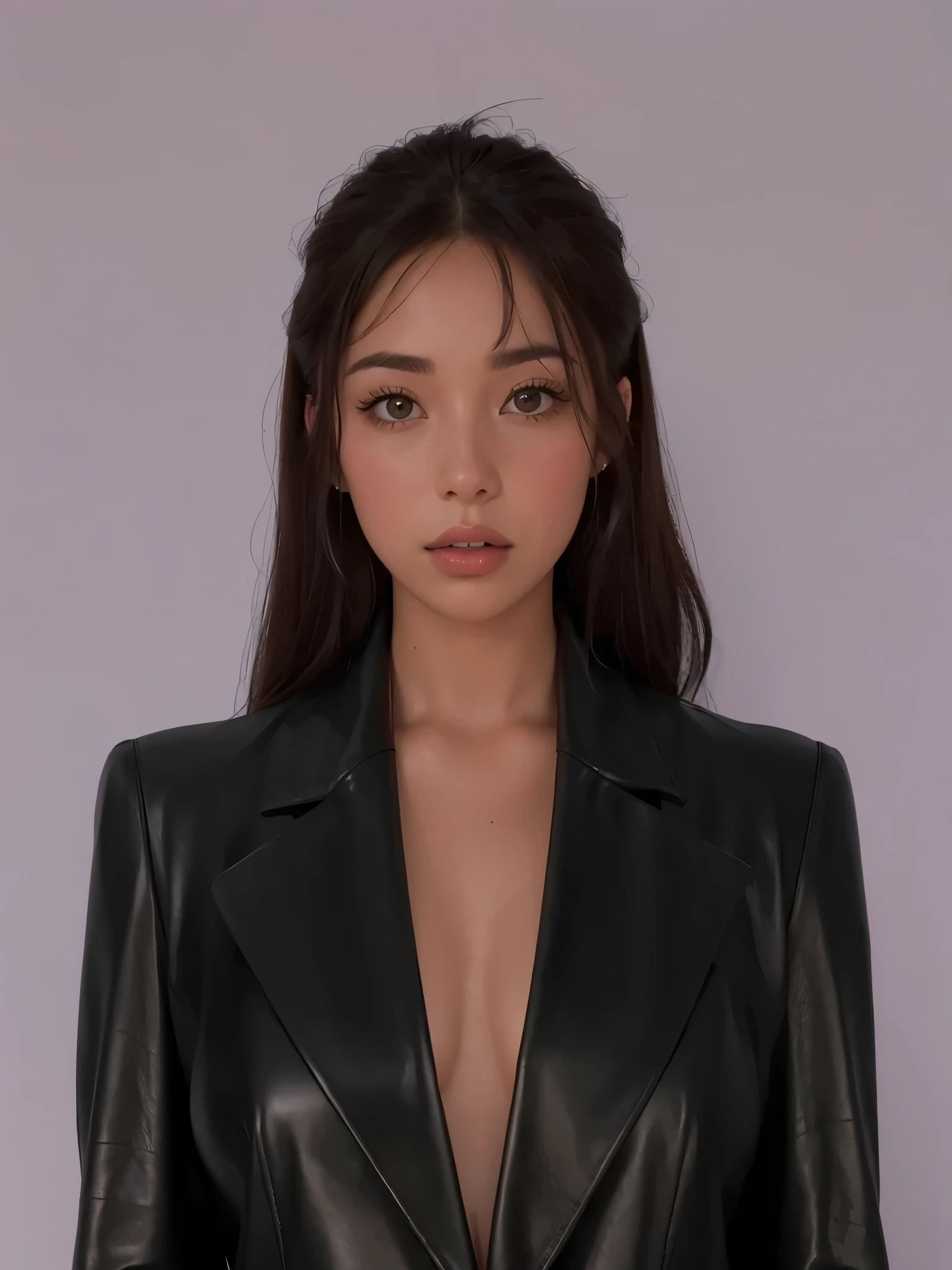 Un primer plano de una mujer con una chaqueta de cuero negro, Retrato de Sophie Mudd, wearing leather swimsuit, chica en traje, chica con traje, jet black leather skintight coat, ella usa chaqueta de cuero, ropa de cuero, retrato de demi rosa, vistiendo un traje de cuero completo, inspirado en Hedi Xandt, vestido con chaqueta de cuero