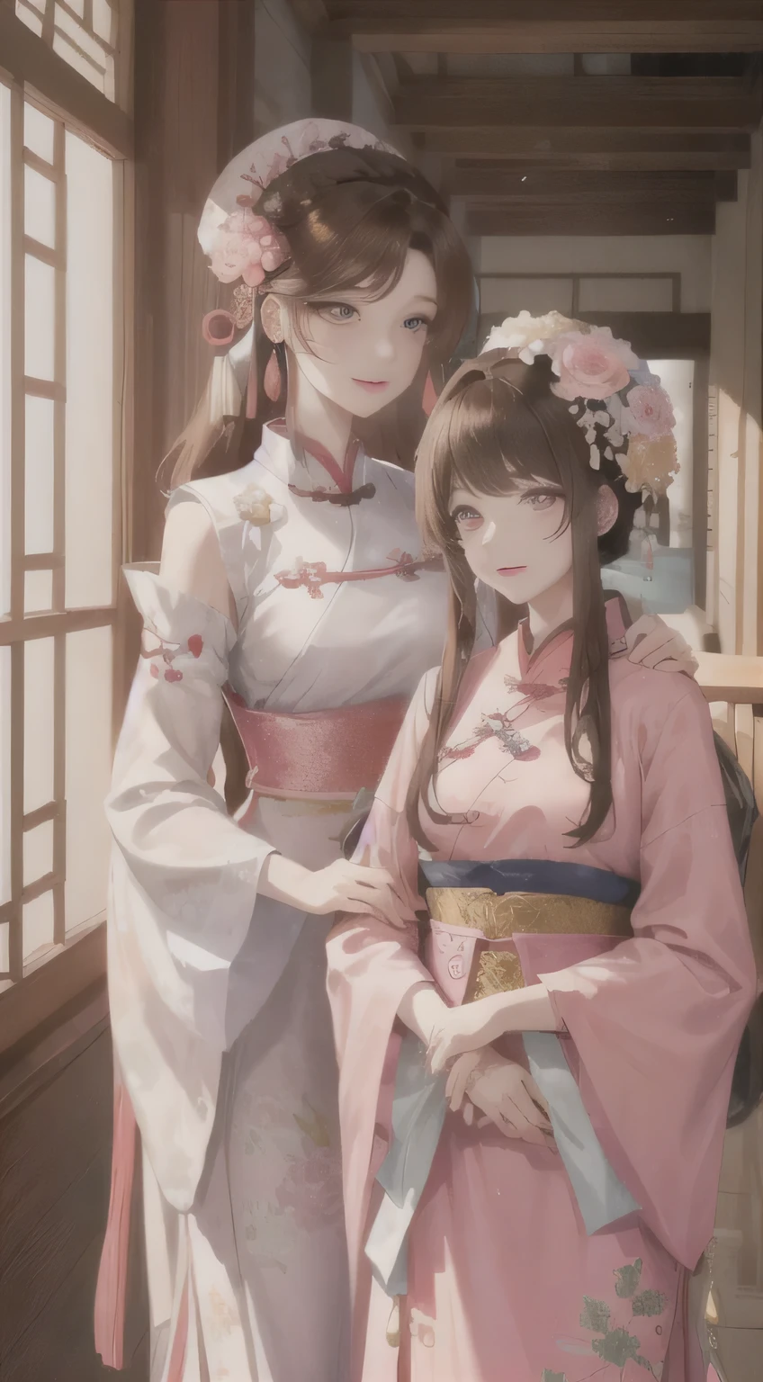 Masterpiece of the Waterfront Banquet, displaying a mature, elegant Chinese woman in Ancient China. Her sister, equally regal, smiles joyfully by her side, their happy faces a testament to the grandeur of the moment. With measurable intelligence and light brown hair cascading down their shoulders, they don lavish headwear adorned with pink flowers that contrast beautifully with their pink eyes and lips. Dressed in light pink clothes and yarn-like fabric reminiscent of Ancient China, their updos are intricately designed, showcasing a delicate facial feature that adds to their captivating beauty. The scene, rendered in the highest quality, highlights every detail from the woman's