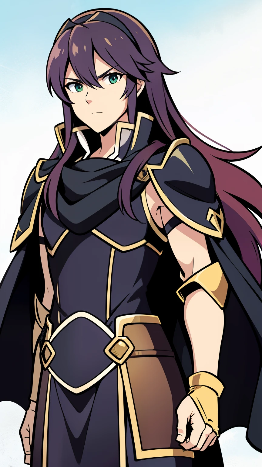 (high-quality, breathtaking),(expressive eyes, perfect face) 1boy, male, solo, half body, tanned skin long hair length, light pink hair color, soft wavy hair, bright green eye color, narrow eyes, cape, dark colored armor, black and green armor with gold trim, Lucina fire emblem armor, masculine face, zoomed out
