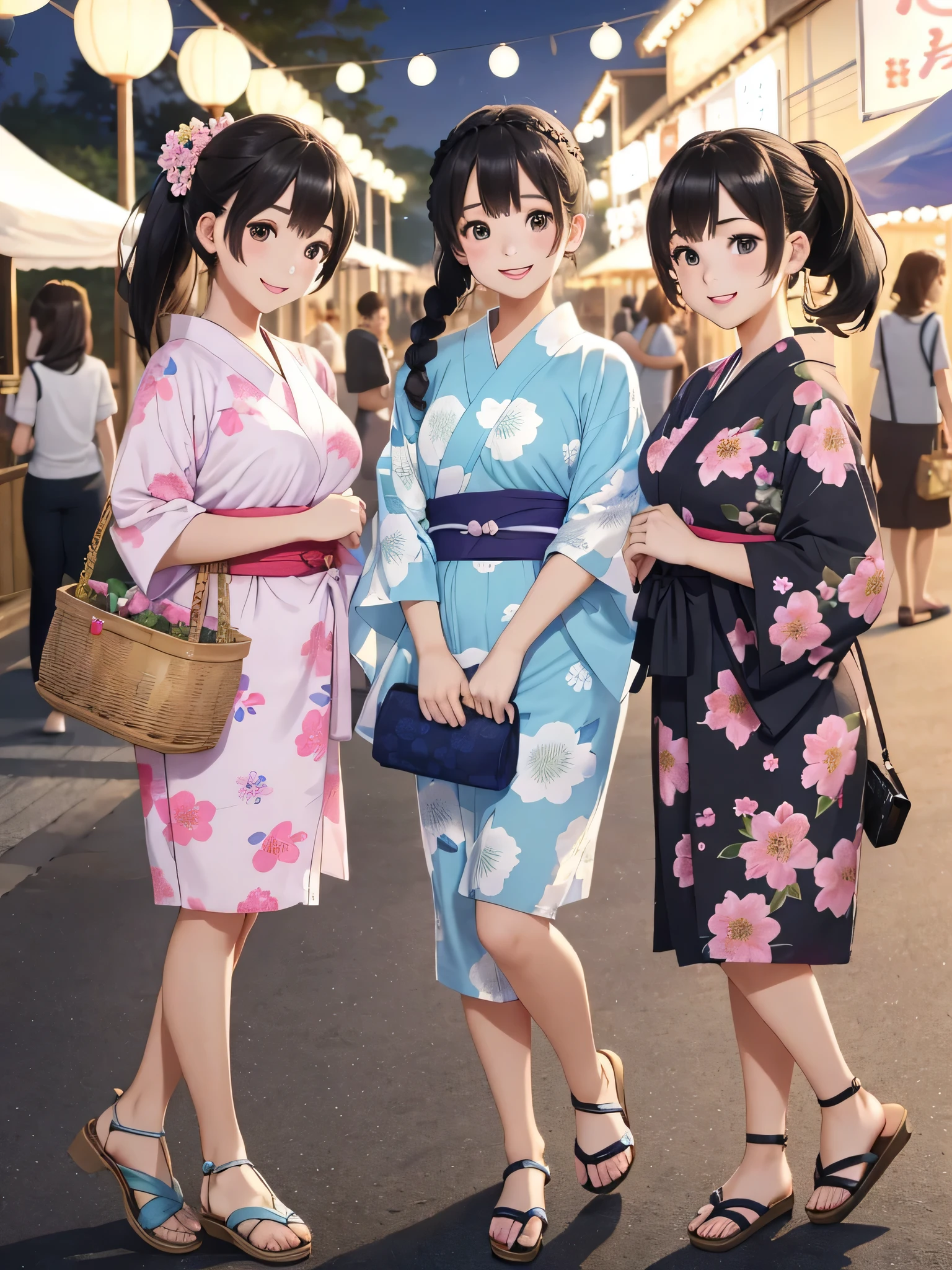 High resolution、detailed background、highest quality、beautiful and detailed face、beautiful and smooth skin、skin texture、((three beautiful teenage women:1.5))、cute hairstyle、huge breasts、smile、Fresh one-piece style、Choose a cute yukata with a floral pattern or pastel colors.、Please wear flat sandals on your feet..、Add accents with a basket bag or headband、By incorporating bright colors and patterns、、Creates a gorgeous and cute impression、((night、深night))、(braided ponytail、black hair)、that'I enjoy participating in local summer festivals in the summer..、Enjoy festival gourmet food at food stalls、watch fireworks、laughter、smile、smile、panty shot