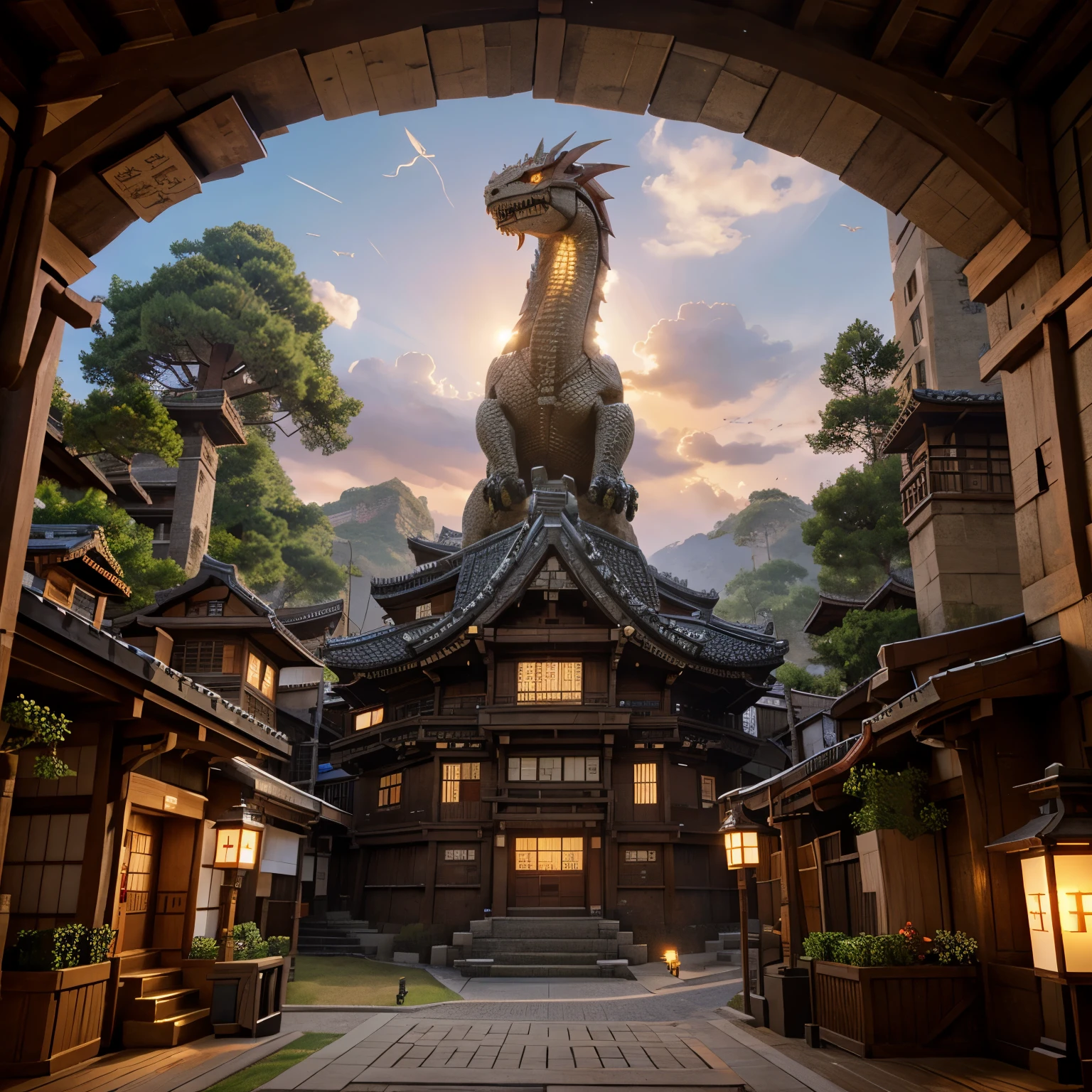 japanese themed minecraft megabuild of a flying ancient dragon voxel style