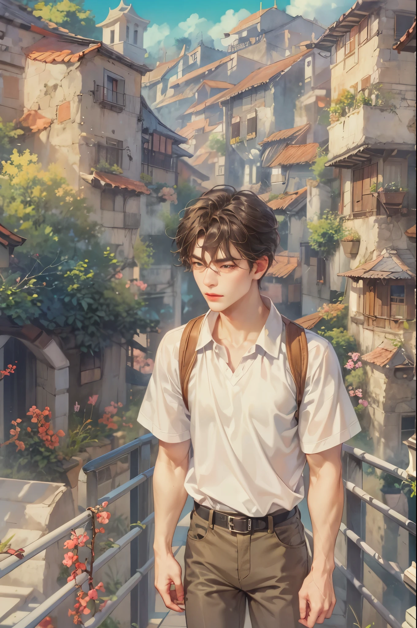 ((Best quality)), ((masterpiece)), (detailed), ((perfect face)), ((halfbody)) handsome face, male, teen boy, perfect proportions , a male character hero from Ghibli anime, detailed town background, detailed scenery background