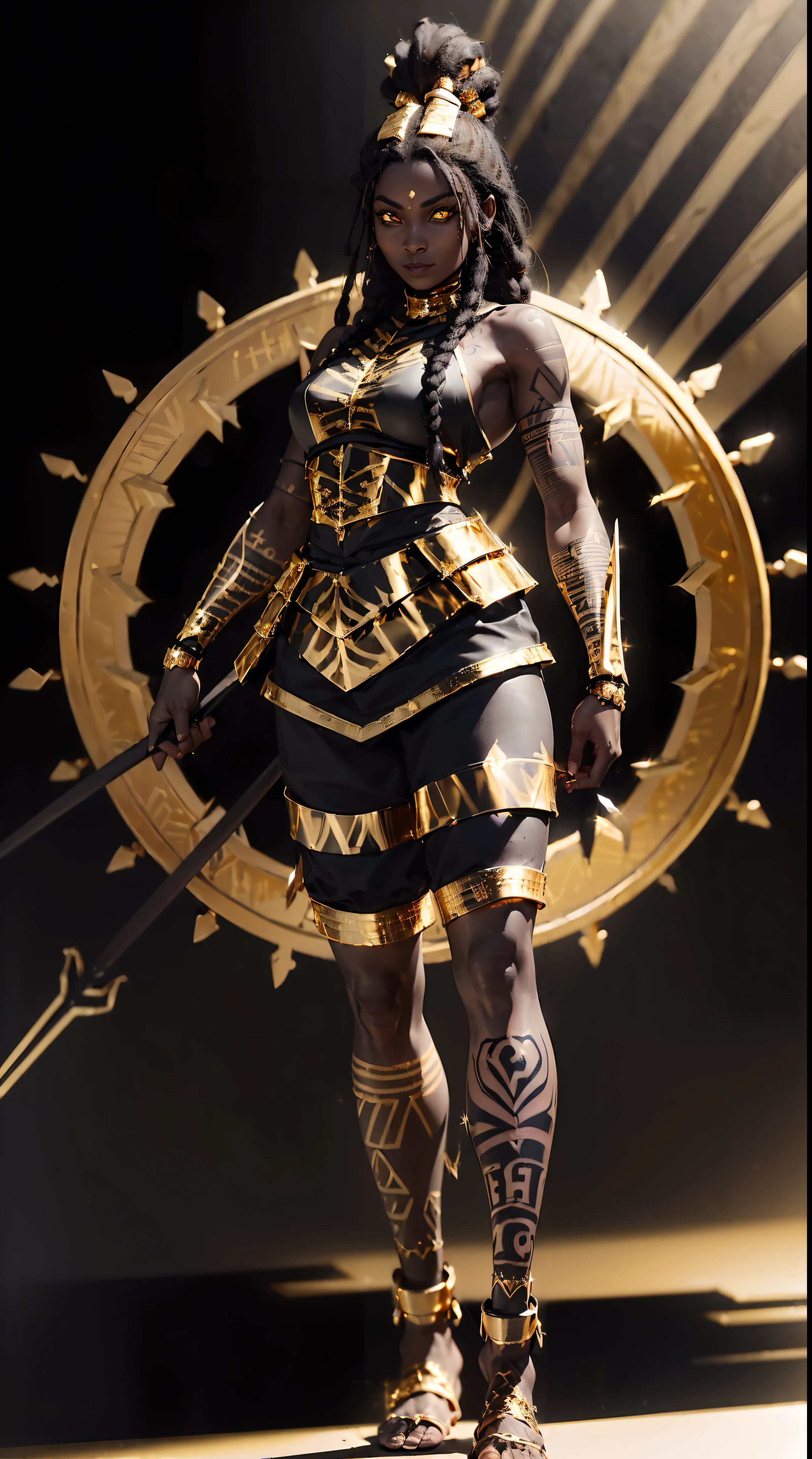 A full body ebony woman, ((standing holding a spear)), (olhar de felicidade:1.4), (vestindo roupa de batalha preta e dourada:1.8), (penteado dreadlock longo:1.3), (olhos reflexivos:1.6), (tatuagem tribal:1.5), fundo hiper nascer do sol, luz do sol, hiper detalhado, hiper-realista, olhe para o espectador, 4k, ampla profundidade de campo, mapeamento radiante, high-range dynamics, obra de arte,