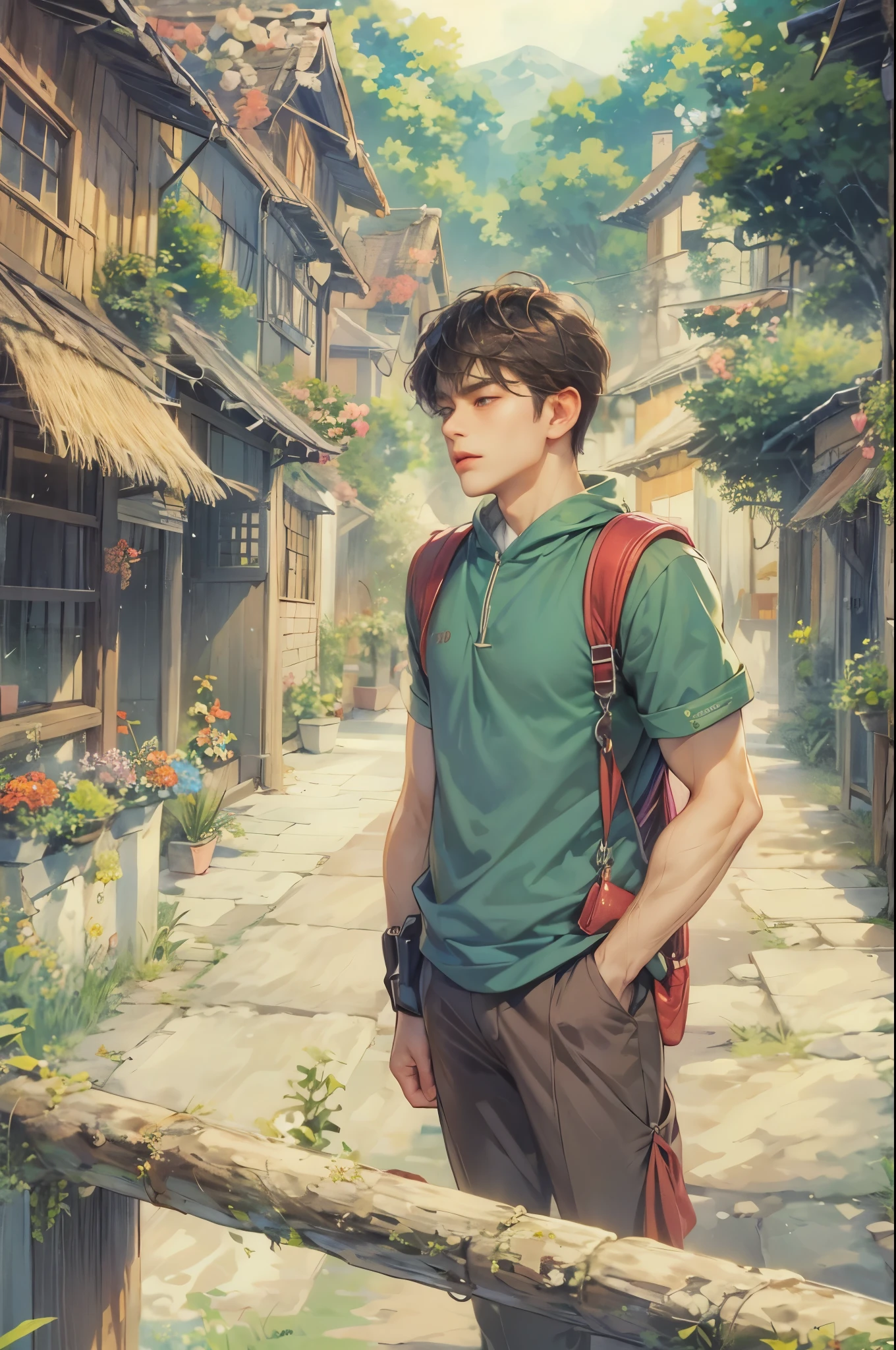 ((Best quality)), ((masterpiece)), (detailed), ((perfect face)), ((halfbody)) handsome face, male,  boy,  perfect proportions , a male character hero from Ghibli anime, detailed town background, detailed scenery background 