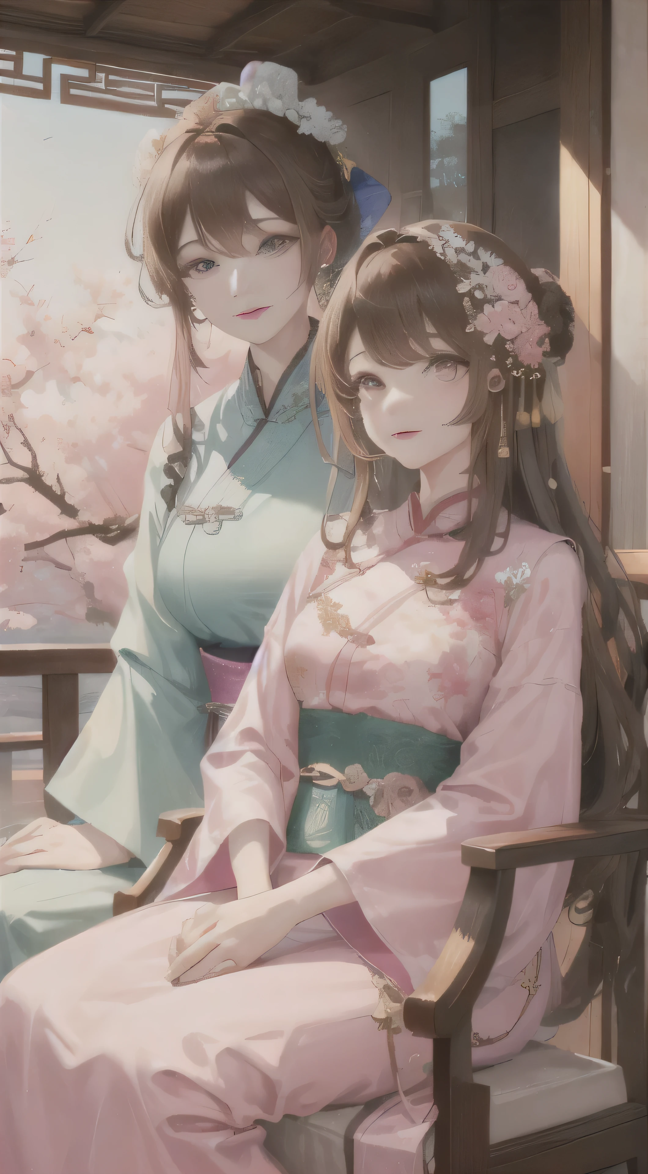 Masterpiece of the Waterfront Banquet, displaying a mature, elegant Chinese woman in Ancient China. Her sister, equally regal, smiles joyfully by her side, their happy faces a testament to the grandeur of the moment. With measurable intelligence and light brown hair cascading down their shoulders, they don lavish headwear adorned with pink flowers that contrast beautifully with their pink eyes and lips. Dressed in light pink clothes and yarn-like fabric reminiscent of Ancient China, their updos are intricately designed, showcasing a delicate facial feature that adds to their captivating beauty. The scene, rendered in the highest quality, highlights every detail from the woman's
