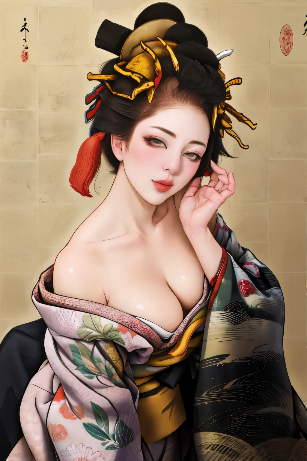 1 girl, alone, Oiran, maiko, looking at the viewer, short hair, brown eyes, brown hair, black hair, hair ornaments, Upper body, kimono, dull bangs, kimono, sash, compensate, bob cut, bare shoulders,
 