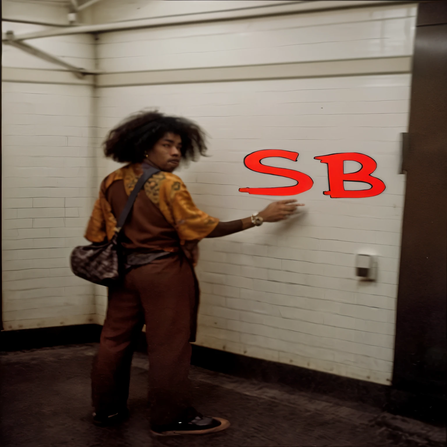 there is a man standing in a subway station with a sign that says sb, samurai with afro, bob ross as scarface, schomburg, in style of monkeybone, jamel shabazz, sussy baka, alternate album cover, by Syd Barrett, with afro, black man with afro hair, from 1977, an album cover