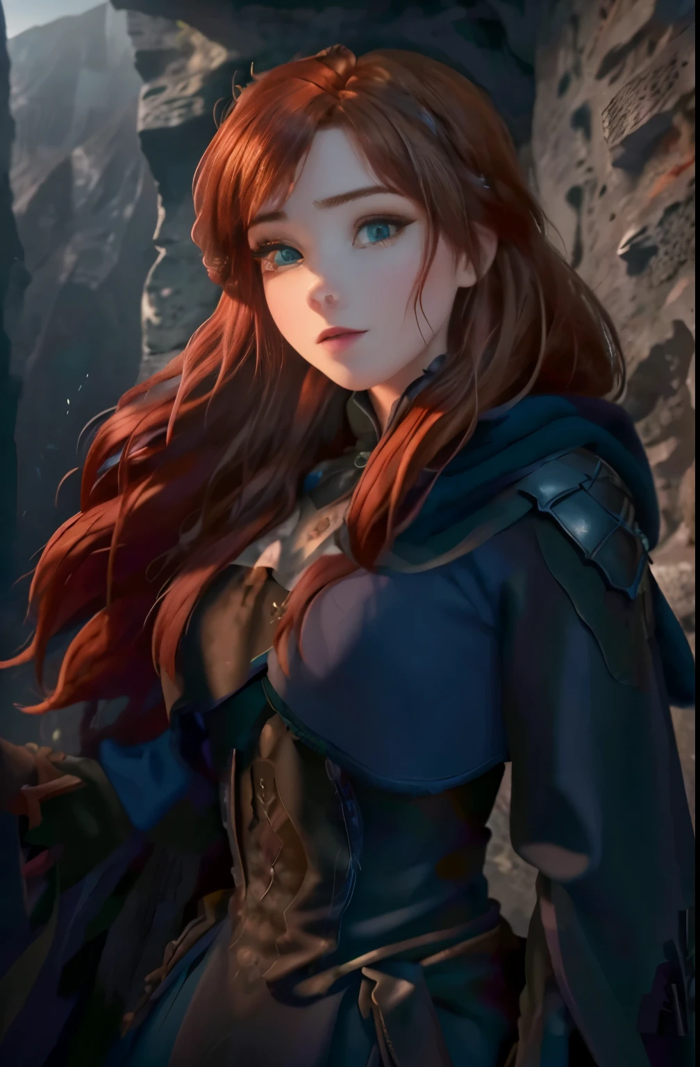 (masterpiece, best quality:1.2), from below, (anna of arrendale:1.3).  hair, 1girl, looking at viewer, attractive gothic girl, gothic aesthetics, dark blue, fog, haze, shadows, lighting effects, green eyes, long auburn hair,happy expression, mysterious appearance, high contrast, stone cave walls in the background, detailed face, ultra detail, hyperrealism,