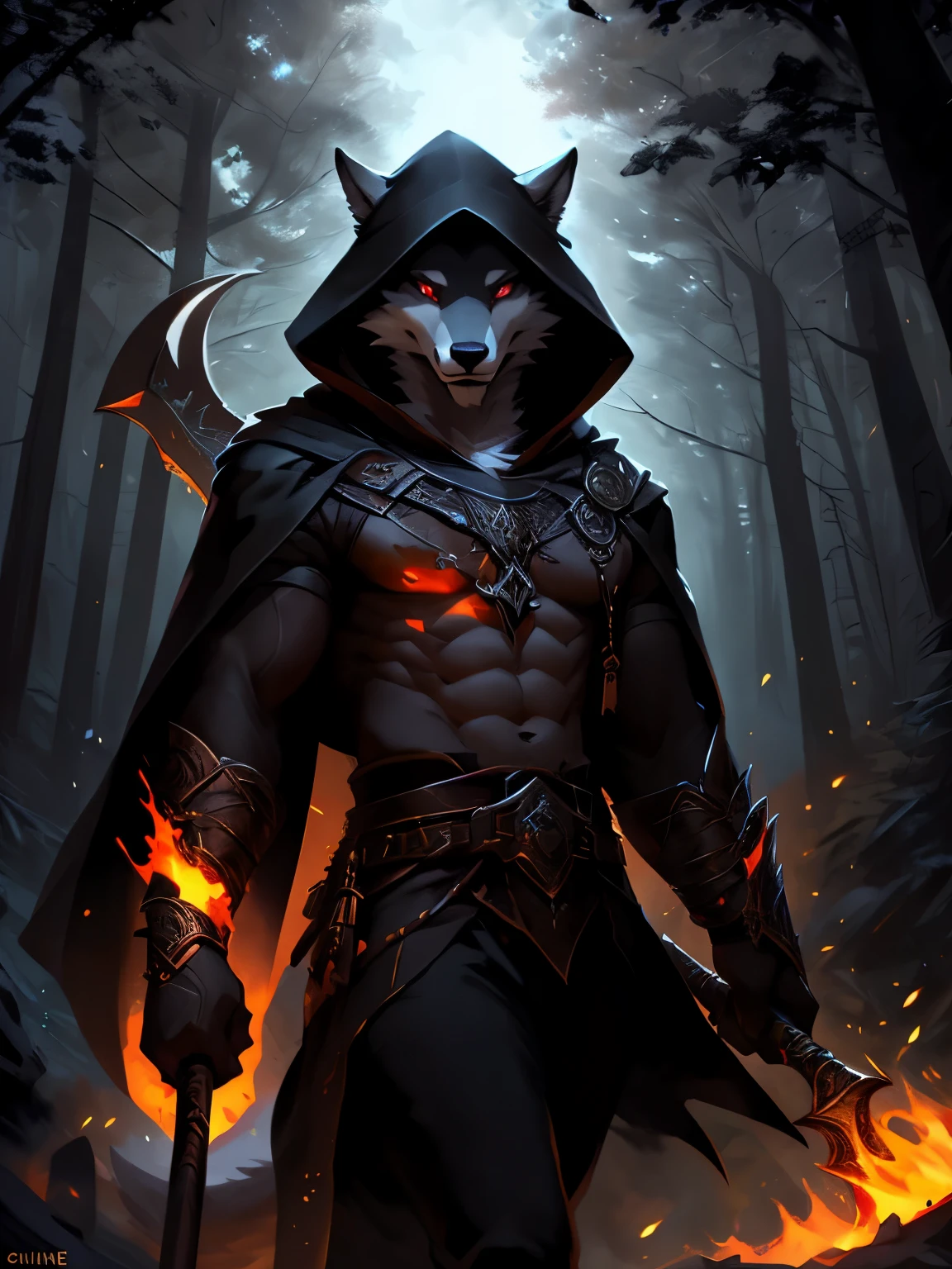 4k, ,8K, A high resolution, best quality, perfect colors, perfect shadows, perfect lighting, posted on e621, (by Chunie, by canyne khai, by t.y.starale), male, furry, Wolf anthro, (Wolf Tail), solo, Red eyes, (Realistic eye details 1.2), Grim Reaper wear, Holding a scythe in hand, great scythe, A death reaper, horror, Stand in Dark Forest, darkness, forest with a scary aura, Horror Fantasy, detailed scythe, perfect scythe, V0id3nergy, in a panoramic view, abs, masterpiece, Slim body, full body like, walking through a burning village, a sharp gaze, a gaze of killing intent, smiled slyly, fit body, perfect male figure, Detailed fur, Detailed face, dramatic lighting, soft lighting, day, highly detail, (Detailed eyes), perfect pupils, detail eyes, detail fluffy fur, (seductive face:1.2), (correct anatomy:1.2), (Complex), (Super Detail), (Ultra Clear), (Best Quality)