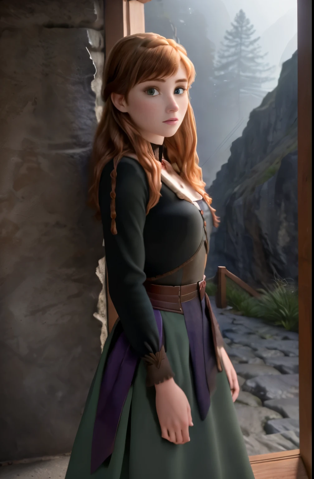 (masterpiece,full view, seen head to toe , best quality:1.2), anna of arrendale, auburn hair, 1girl, long hair, green eyes, looking at viewer, bangs, , small breasts, blush, , attractive gothic girl, aesthetic body,gothic aesthetics, dark blue, fog, haze, shadows, lighting effects, mysterious appearance, high contrast, stone cave walls in the background, detailed face, ultra detail, hyper realism,