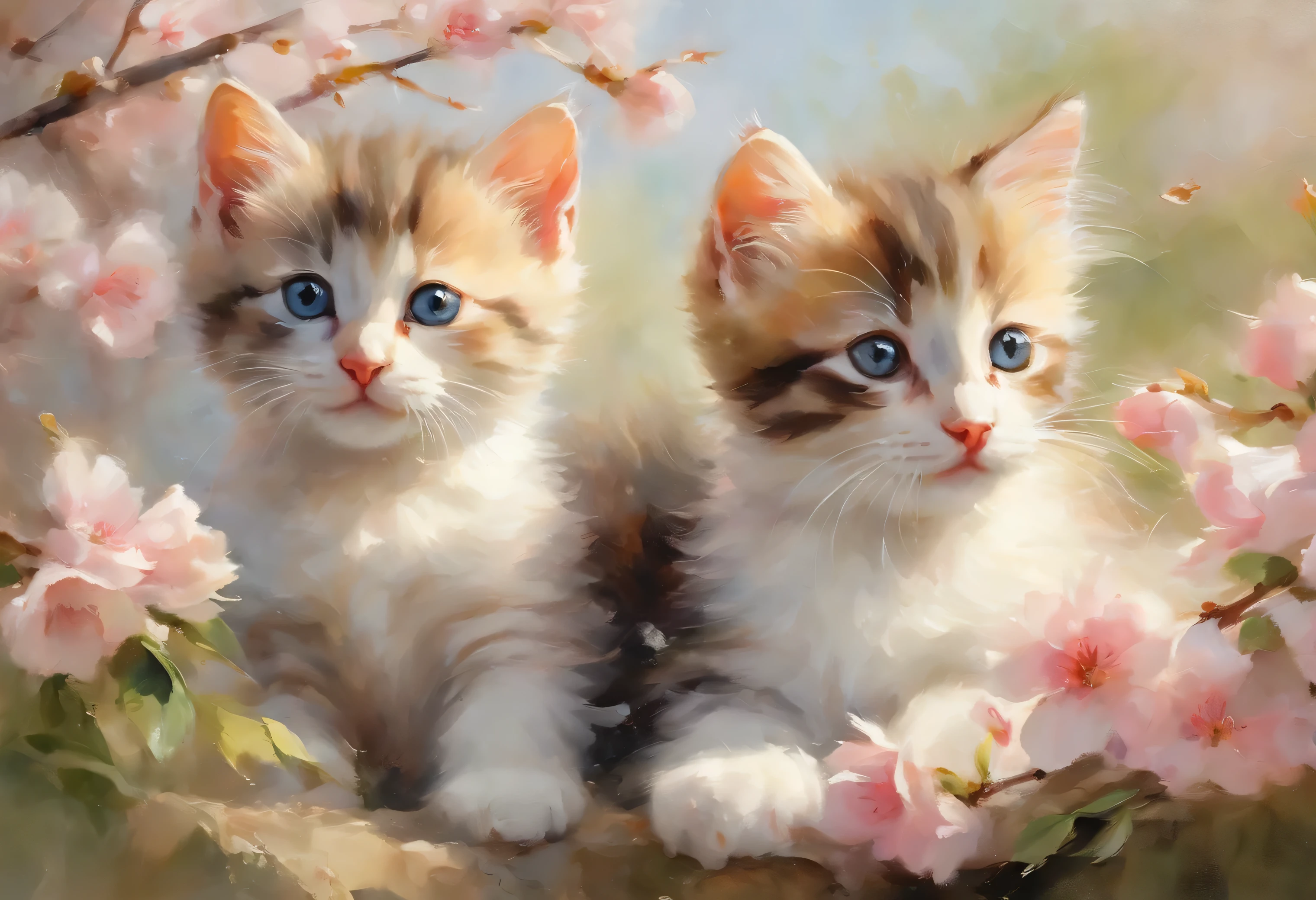 Three cute kittens relaxing, closeup, cherry blossoms in the background and is possibly a painting or watercolor artwork. It captures an outdoor scene on a sunny bright day, light pink and white and yellow and green and blue colors only, portrait by Willem Haenraets, watercolor, wet on wet and splattering techniques, centered, perfect composition, abstraction, surrealism