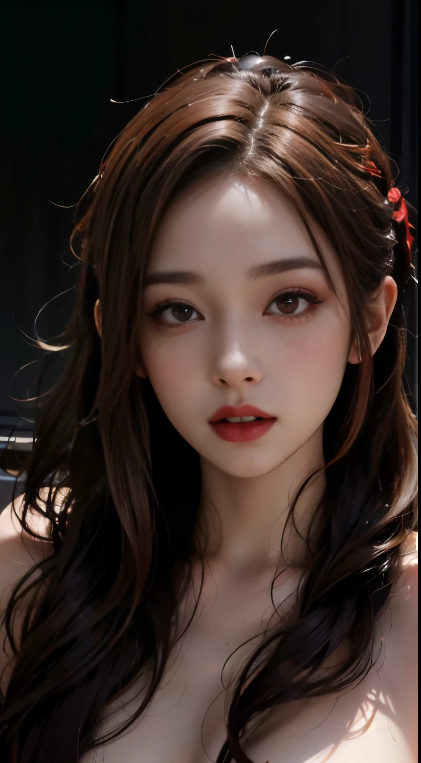 Reddish-brown hair，Long curly hair，ponytail，high ponytail hairstyle，red headdress，red eyes，red eyes，red pupils，Sparkling eyes，No clothes on