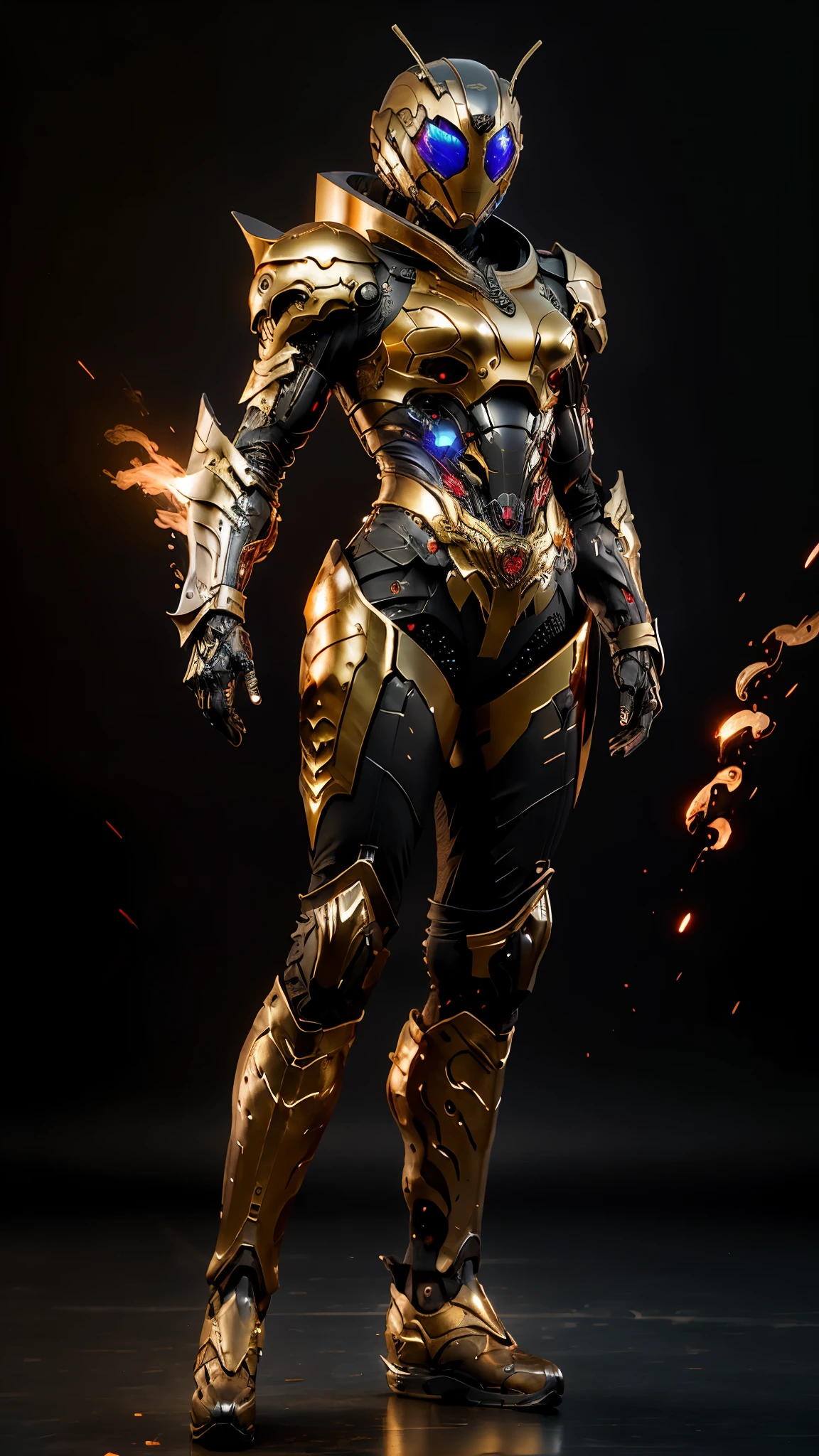 A woman adorned in fantasy-style full-body armor, a crown-concept fully enclosed helmet that unveils only her eyes, a composite layered chest plate, fully encompassing shoulder and hand guards, a lightweight waist armor, form-fitting shin guards, the overall design is heavy-duty yet flexible, ((the armor gleams with a golden glow, complemented by red and blue accents)), exhibiting a noble aura, she floats above a fantasy-surreal high-tech city, this character embodies a finely crafted fantasy-surreal style armored hero in anime style, exquisite and mature manga art style, (Queen bee mixed with Spider concept Armor, plasma, blood), ((Element, energy, elegant, goddess, femminine:1.5)), metallic, high definition, best quality, highres, ultra-detailed, ultra-fine painting, extremely delicate, professional, anatomically correct, symmetrical face, extremely detailed eyes and face, high quality eyes, creativity, RAW photo, UHD, 32k, Natural light, cinematic lighting, masterpiece-anatomy-perfect, masterpiece:1.5