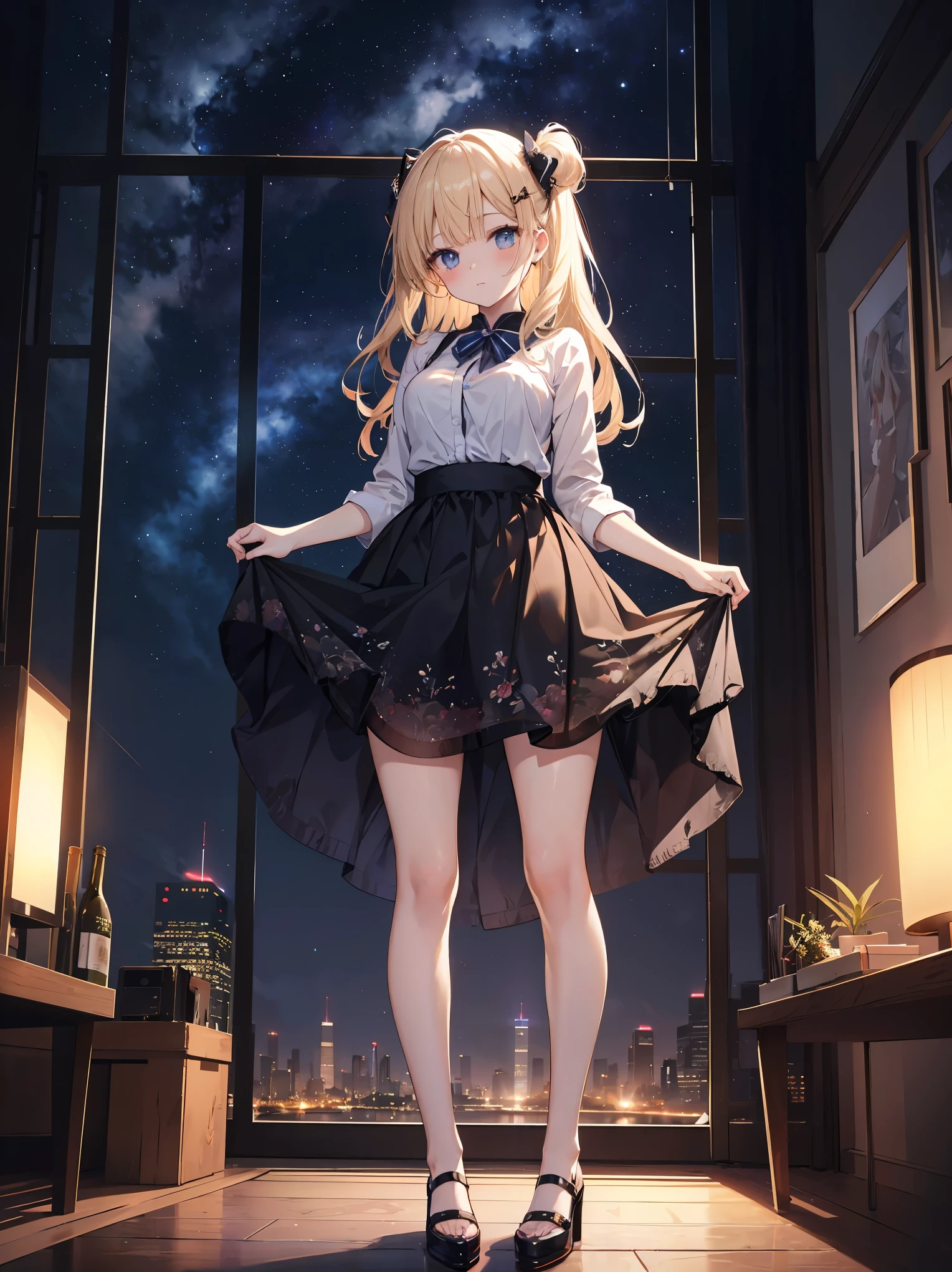 Artistic AI Art Galaxy(masterpiece:1.2, best quality),clear。lift up the skirt、cute girl、The night view of the big city outside the window、artistic shadow