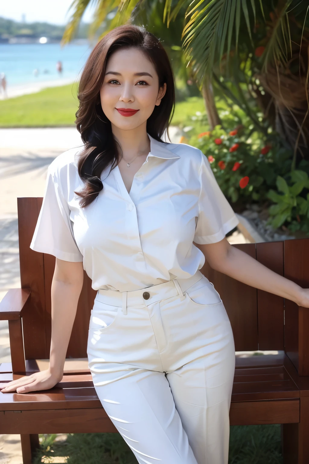 Draw lips correctly, red lipstick, from chest up, best quality, Super detailed, lifelike, Super fine skin, perfect anatomy, (1 日本Mature的女人), (alone)，wear white shirt，short sleeves，green pants，wavy long hair，37-year-old female，Mature，charming smile，beach background，stand，Leg length，Chubby，Big breasts，stand up，full-body shot