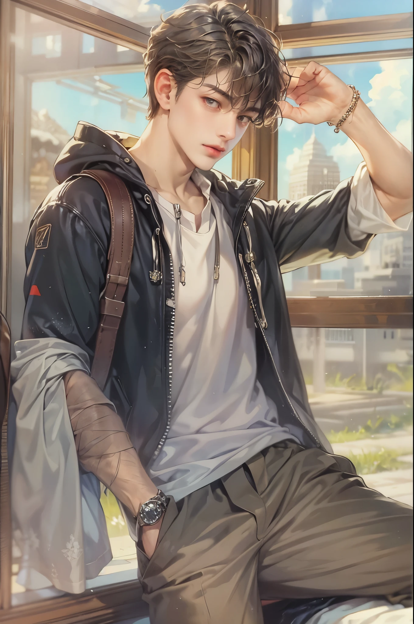 ((Best quality)), ((masterpiece)), (detailed), ((perfect face)), ((halfbody)) handsome face, male, teen boy, perfect proportions , a character from anime ashita no nadja, casual outfit, detailed school interior scenery background