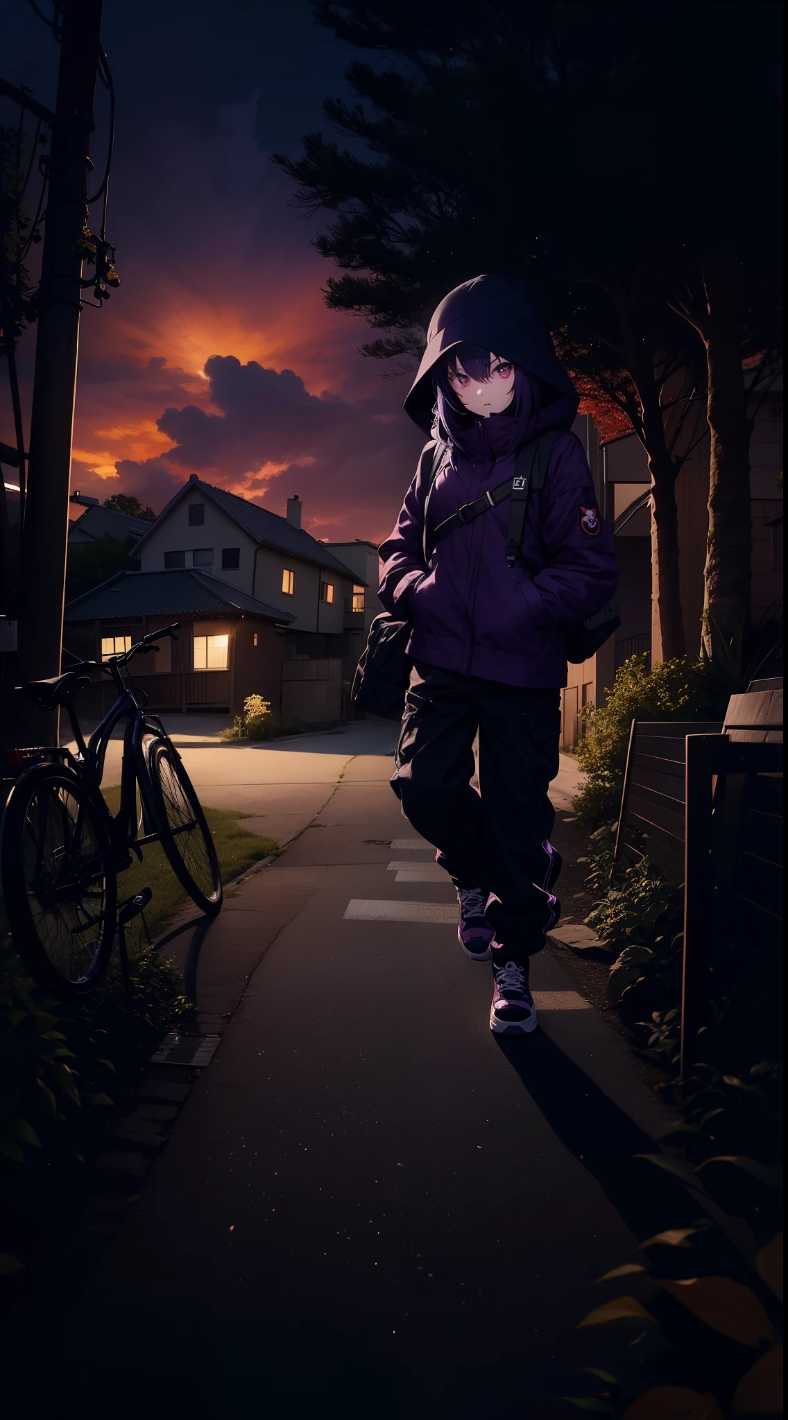 Anime Girl wearing purple moletom, cargo pants and black sneakers, random pose, a house with a bicycle parked in front of it, beautiful house on a forest path, cinematic dark lighting manga anime focused on the look, murderous pose, light coming in focused on the face, dark, weather, masterpiece, anime, menacing gaze, menacing