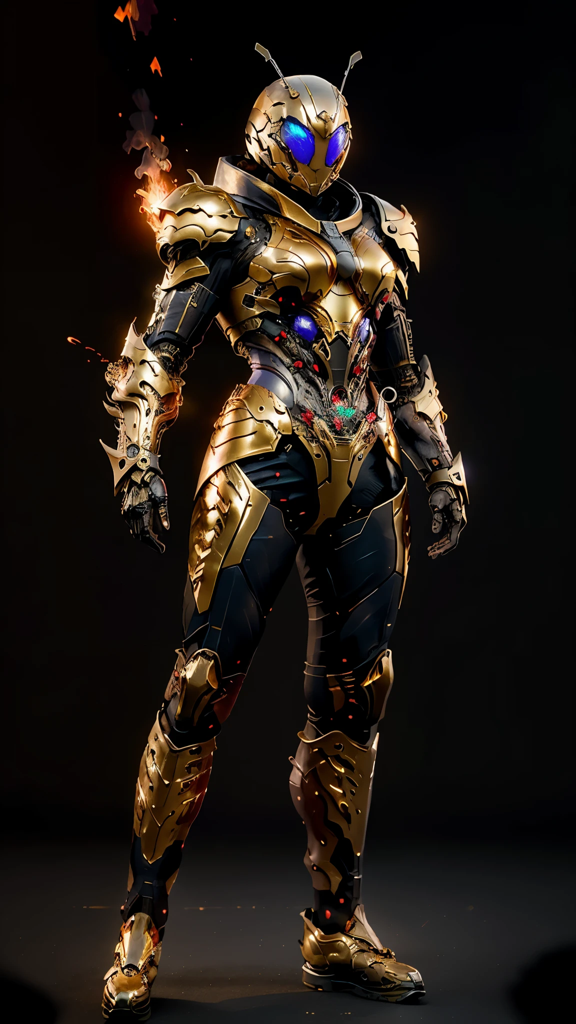 A woman adorned in fantasy-style full-body armor, a crown-concept fully enclosed helmet that unveils only her eyes, a composite layered chest plate, fully encompassing shoulder and hand guards, a lightweight waist armor, form-fitting shin guards, the overall design is heavy-duty yet flexible, ((the armor gleams with a golden glow, complemented by red and blue accents)), exhibiting a noble aura, she floats above a fantasy-surreal high-tech city, this character embodies a finely crafted fantasy-surreal style armored hero in anime style, exquisite and mature manga art style, (Queen bee mixed with Spider concept Armor, plasma, blood), ((Element, energy, elegant, goddess, femminine:1.5)), metallic, high definition, best quality, highres, ultra-detailed, ultra-fine painting, extremely delicate, professional, anatomically correct, symmetrical face, extremely detailed eyes and face, high quality eyes, creativity, RAW photo, UHD, 32k, Natural light, cinematic lighting, masterpiece-anatomy-perfect, masterpiece:1.5
