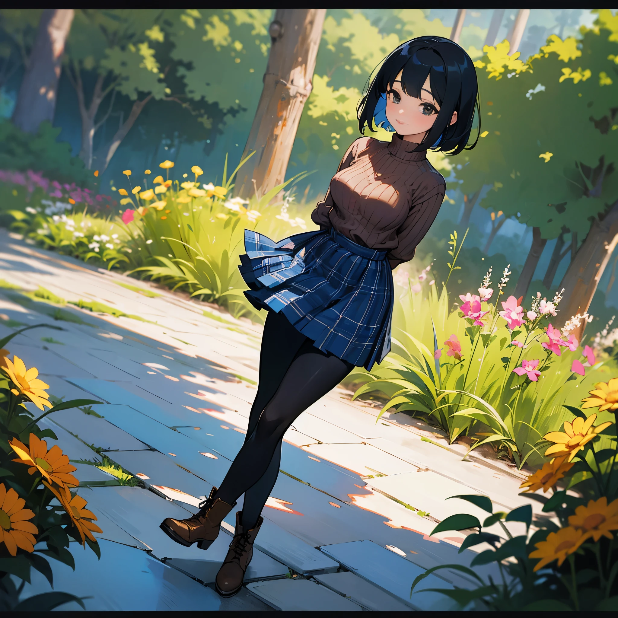 (high quality, High resolution, Super detailed, reality:1.37), peaceful atmosphere, (outdoors, garden), teenage girl standing alone, (my breasts are big.), Beautiful detail features, cute smile, (black bob hair), ribbed sweater, blue plaid skirt, black tights, brown boots.
