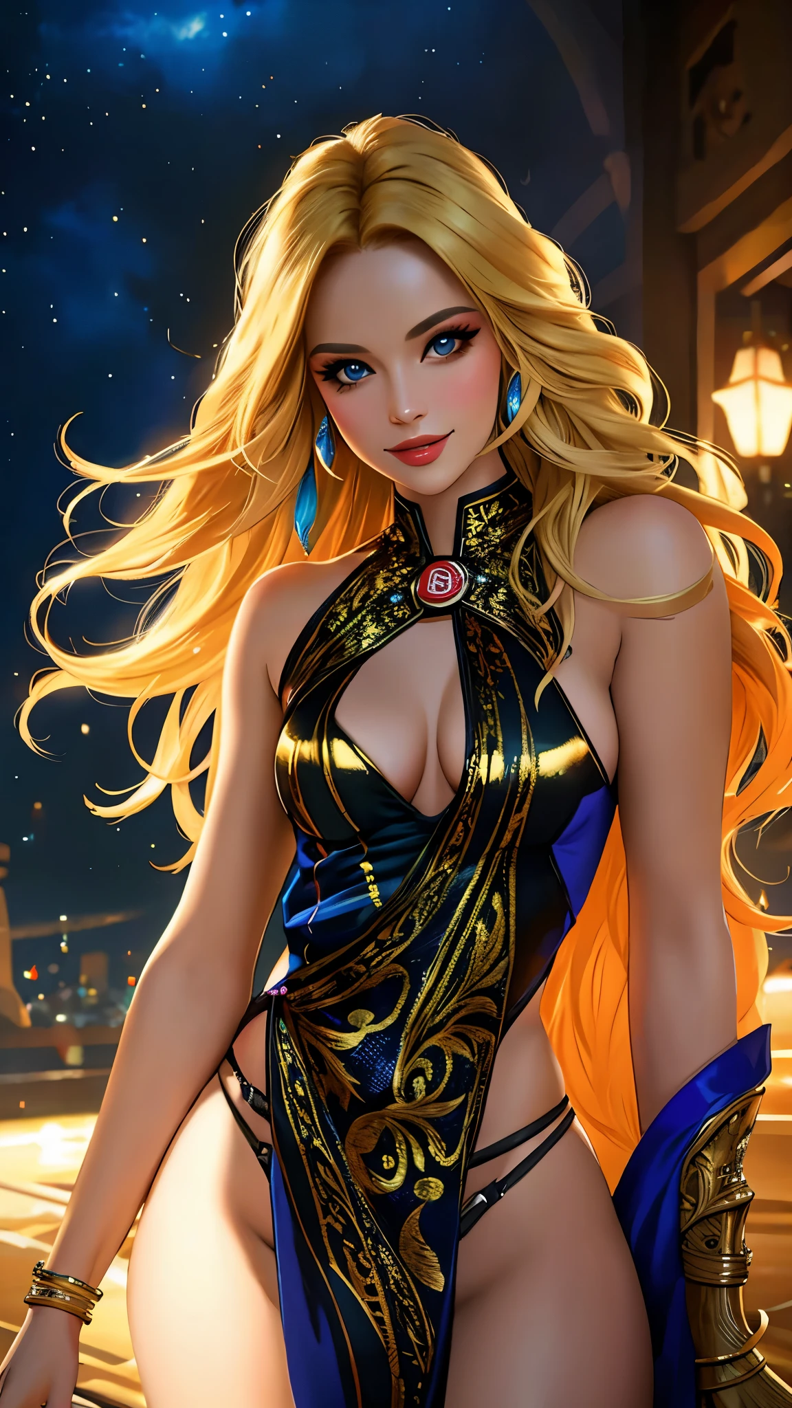 (best quality,ultra-detailed,photo-realistic:1.37),bright and vibrant colors,studio lighting,playful expression,stylish makeup,long blonde hair flowing in the wind,alluring eyes,glossy lips,sexy pose, Sith, Star Wars, smiling in a confident and seductive way,posing for a professional photoshoot,shallow depth of field,highlighting the main subject,soft natural lighting,creating a dreamy and magical atmosphere.