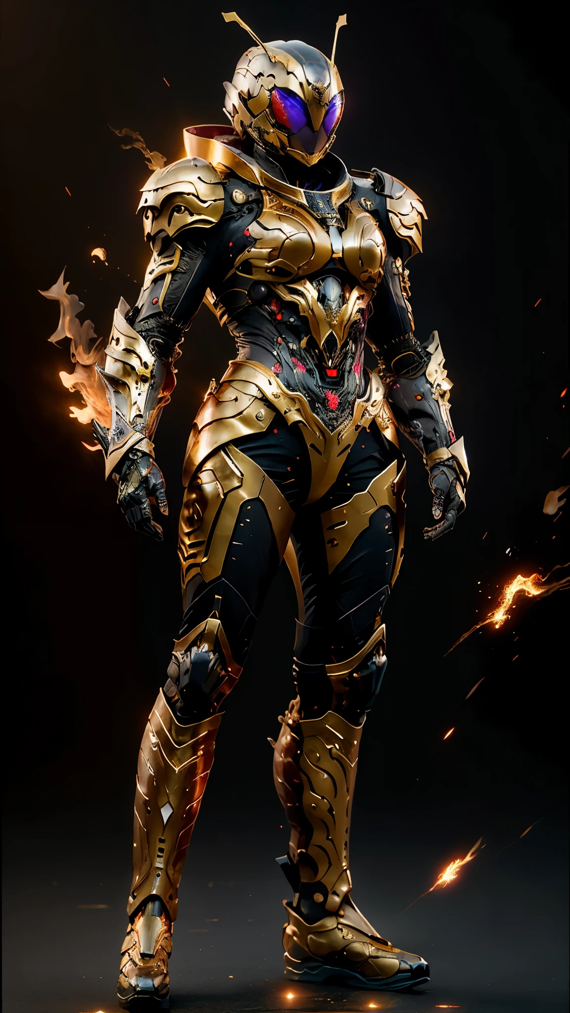 A woman adorned in fantasy-style full-body armor, a crown-concept fully enclosed helmet that unveils only her eyes, a composite layered chest plate, fully encompassing shoulder and hand guards, a lightweight waist armor, form-fitting shin guards, the overall design is heavy-duty yet flexible, ((the armor gleams with a golden glow, complemented by red and blue accents)), exhibiting a noble aura, she floats above a fantasy-surreal high-tech city, this character embodies a finely crafted fantasy-surreal style armored hero in anime style, exquisite and mature manga art style, (Queen bee mixed with Spider concept Armor, plasma, blood), ((Element, energy, elegant, goddess, femminine:1.5)), metallic, high definition, best quality, highres, ultra-detailed, ultra-fine painting, extremely delicate, professional, anatomically correct, symmetrical face, extremely detailed eyes and face, high quality eyes, creativity, RAW photo, UHD, 32k, Natural light, cinematic lighting, masterpiece-anatomy-perfect, masterpiece:1.5