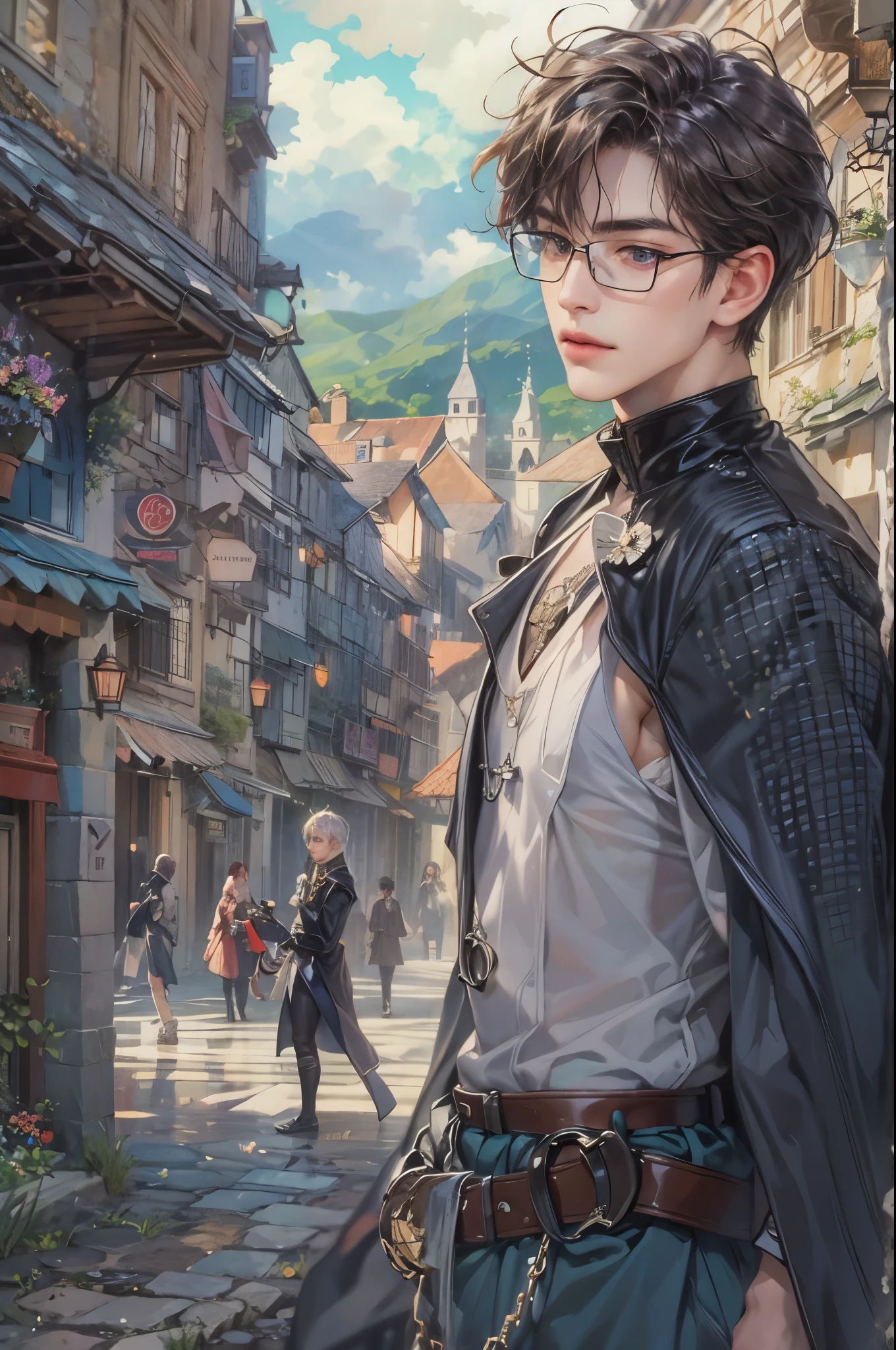 ((Best quality)), ((masterpiece)), (detailed), ((perfect face)), ((halfbody)) handsome face, male, teen boy, perfect proportions , a male character hero from Ghibli anime, phantom thief boy, detailed town background, detailed scenery background