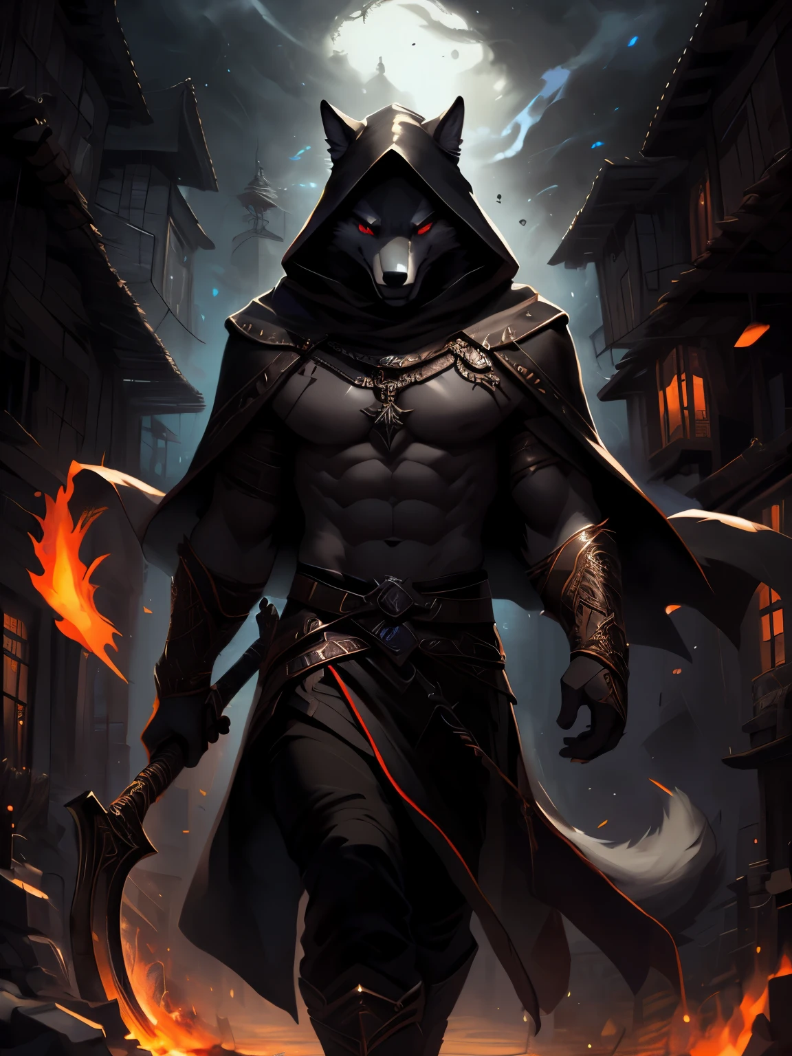 4k, ,8K, A high resolution, best quality, perfect colors, perfect shadows, perfect lighting, posted on e621, (by Chunie, by canyne khai, by t.y.starale), male, furry, Wolf anthro, (Wolf Tail), solo, Red eyes, (Realistic eye details 1.2), Grim Reaper wear, Holding a scythe in hand, great scythe, A death reaper, horror, Stand in Dark Village, darkness, Village with a scary aura, Horror Fantasy, detailed scythe, perfect scythe, V0id3nergy, in a panoramic view, abs, masterpiece, Slim body, full body like, walking through a burning village, a sharp gaze, a gaze of killing intent, smiled slyly, fit body, perfect male figure, Detailed fur, Detailed face, dramatic lighting, soft lighting, day, highly detail, (Detailed eyes), perfect pupils, detail eyes, detail fluffy fur, (seductive face:1.2), (correct anatomy:1.2), (Complex), (Super Detail), (Ultra Clear), (Best Quality)