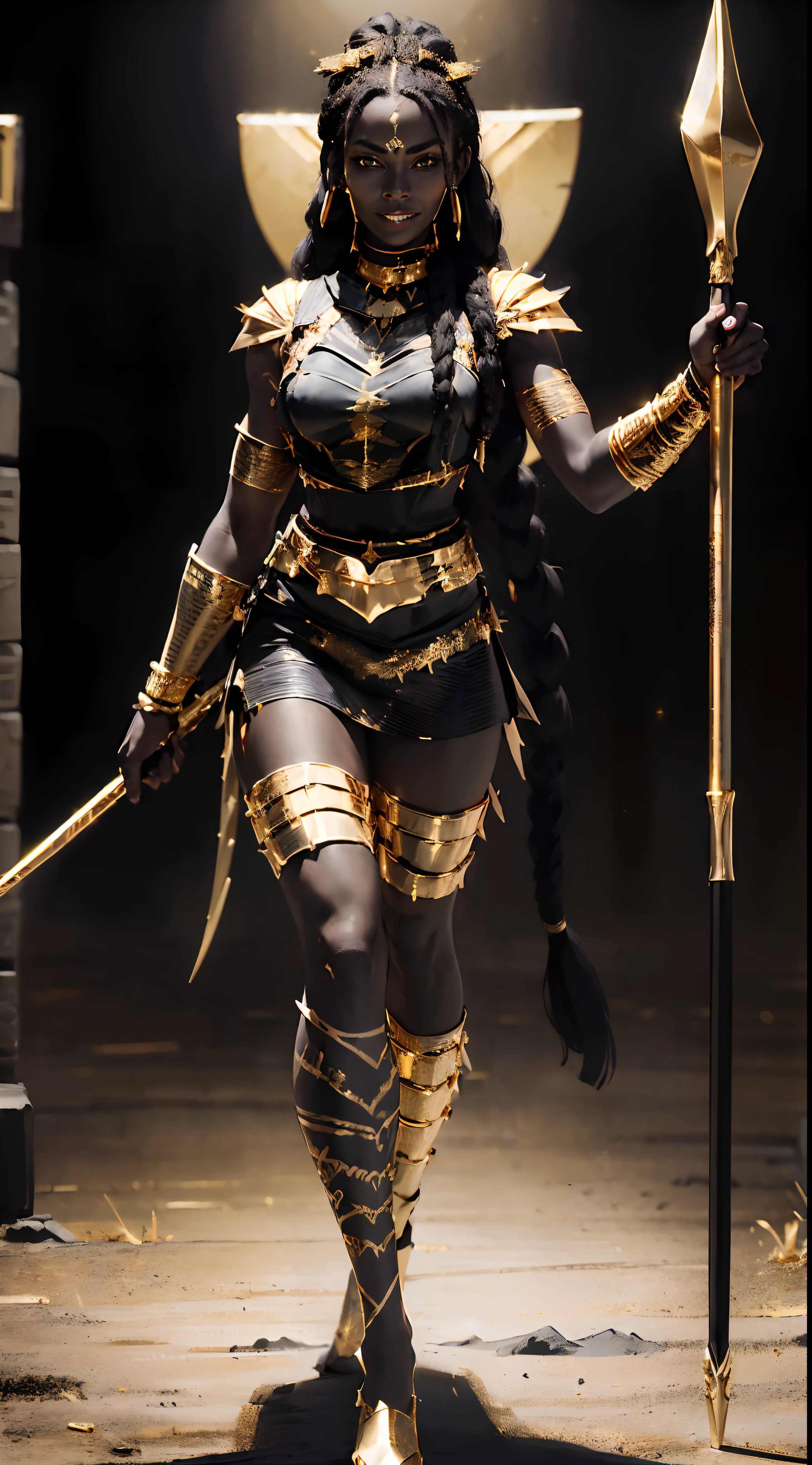 A full body ebony woman, ((standing holding a spear)), (olhar de felicidade:1.2), (vestindo roupa de batalha preta e dourada:1.8), (penteado dreadlock longo:1.3), (dentes felinos:0.9), (tatuagem tribal:1.5), fundo do nascer do sol, luz do sol, hiper detalhado, hiper-realista, olhe para o espectador, 4k, ampla profundidade de campo, mapeamento radiante, high-range dynamics, obra de arte,
