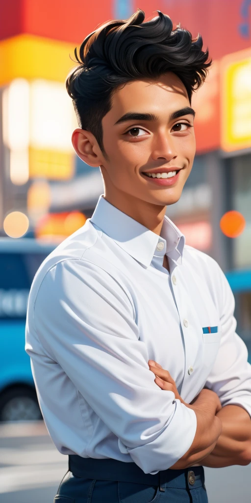 Round youtube logo with head of a smiling 20 year old boy white short black hair curly with in background a landscape holiday white shirt cartoon realistic