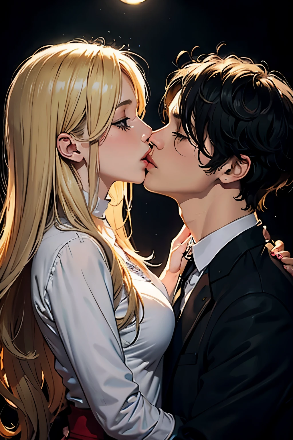 long-haired blond woman kissing man with short-black-hair, (wild party background)
