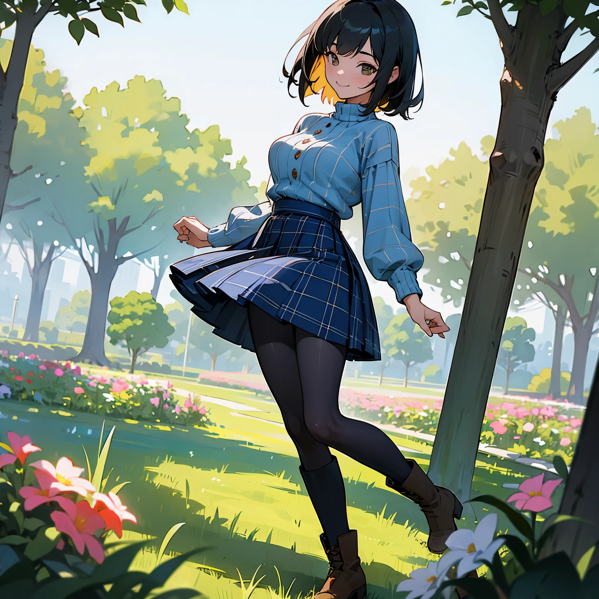(high quality, High resolution, Super detailed, reality:1.37), peaceful atmosphere, (outdoors, garden), teenage girl standing alone, (my breasts are big.), Beautiful detail features, cute smile, (black bob hair), ribbed sweater, blue plaid skirt, black tights, brown boots.