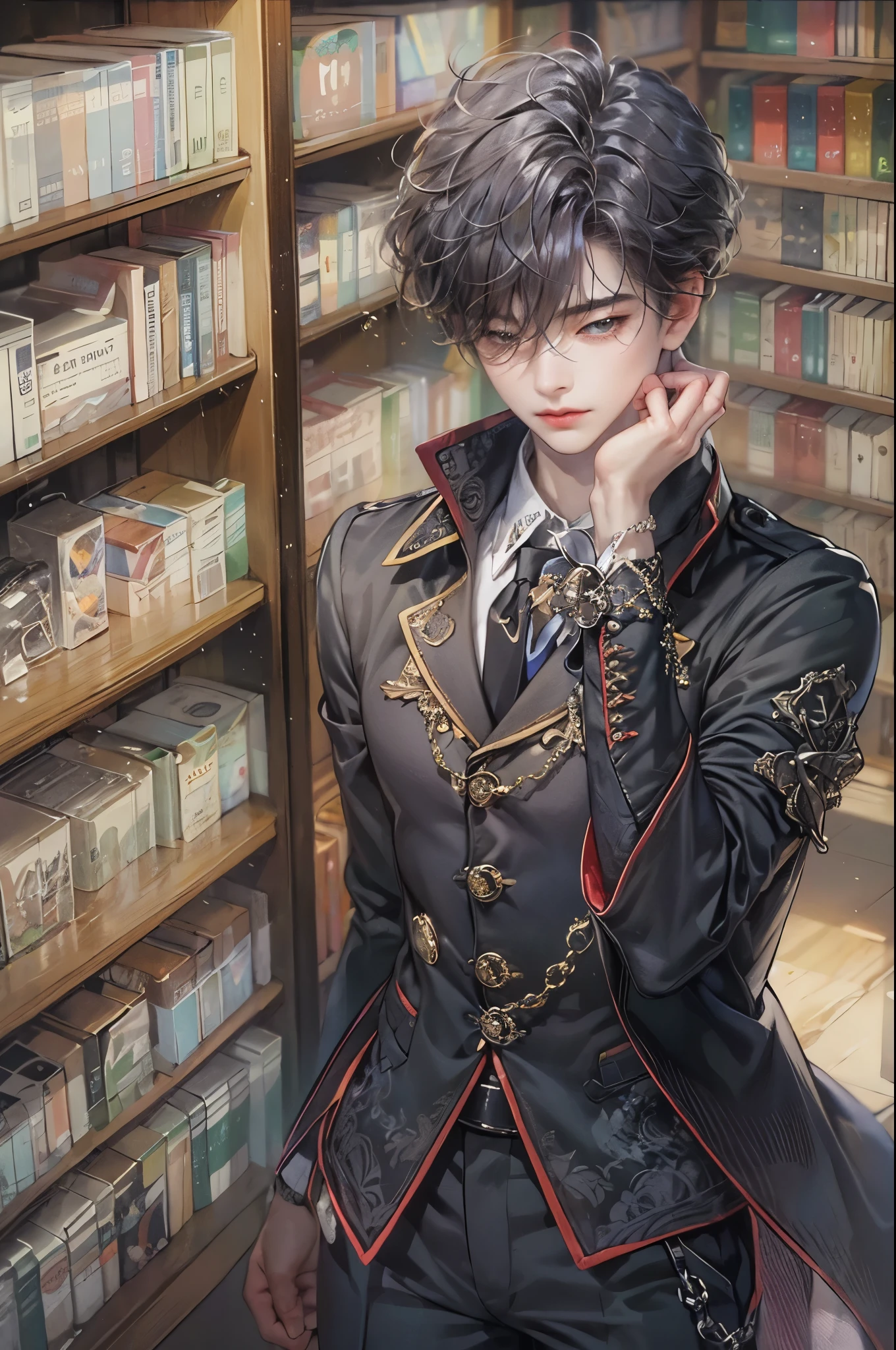 ((Best quality)), ((masterpiece)), (detailed), ((perfect face)), ((halfbody)) handsome face, male,  boy,  perfect proportions , a character from anime ashita no nadja, phantom thief outfit, detailed library interior scenery background 