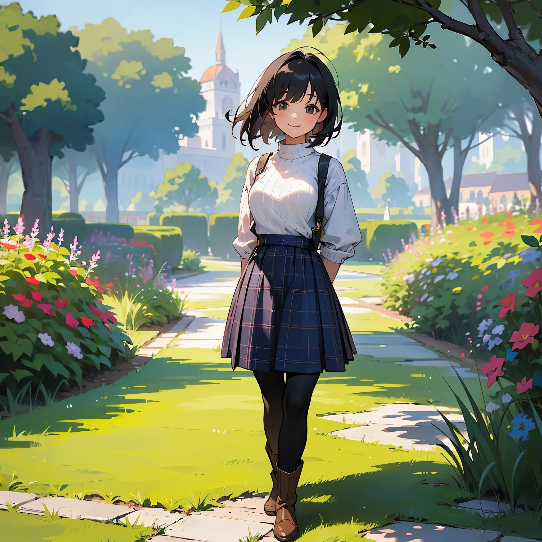 (high quality, High resolution, Super detailed, reality:1.37), peaceful atmosphere, (outdoors, garden), teenage girl standing alone, (my breasts are big.), Beautiful detail features, cute smile, (black bob hair), ribbed sweater, blue plaid skirt, black tights, brown boots.