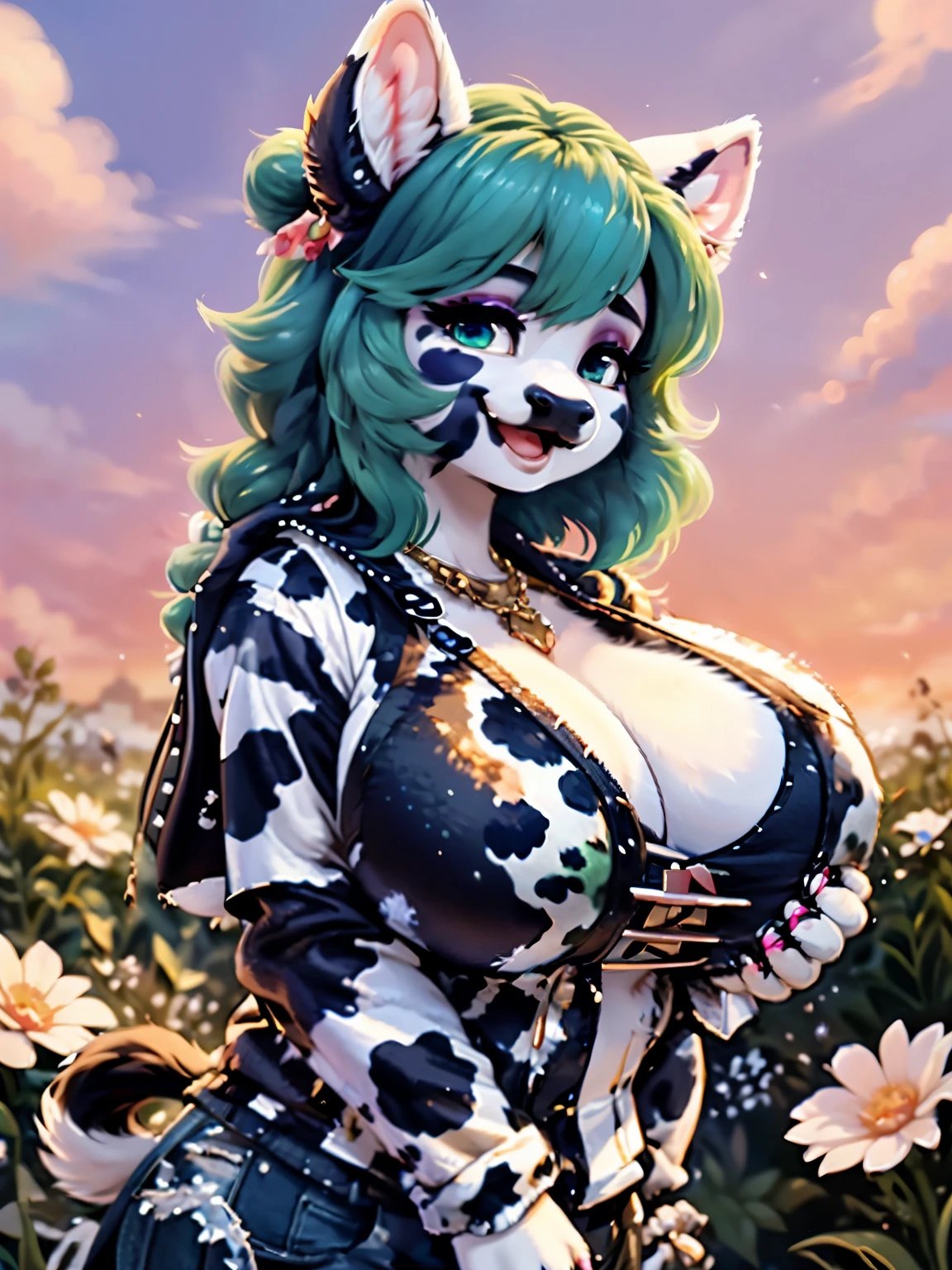 cartoonish funny cow, large breast, green hair